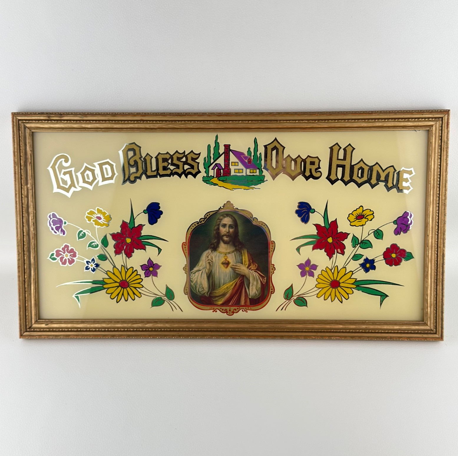 Vintage God Bless Our Home Reverse Print On Glass Foil Art Jesus Religious 17×9