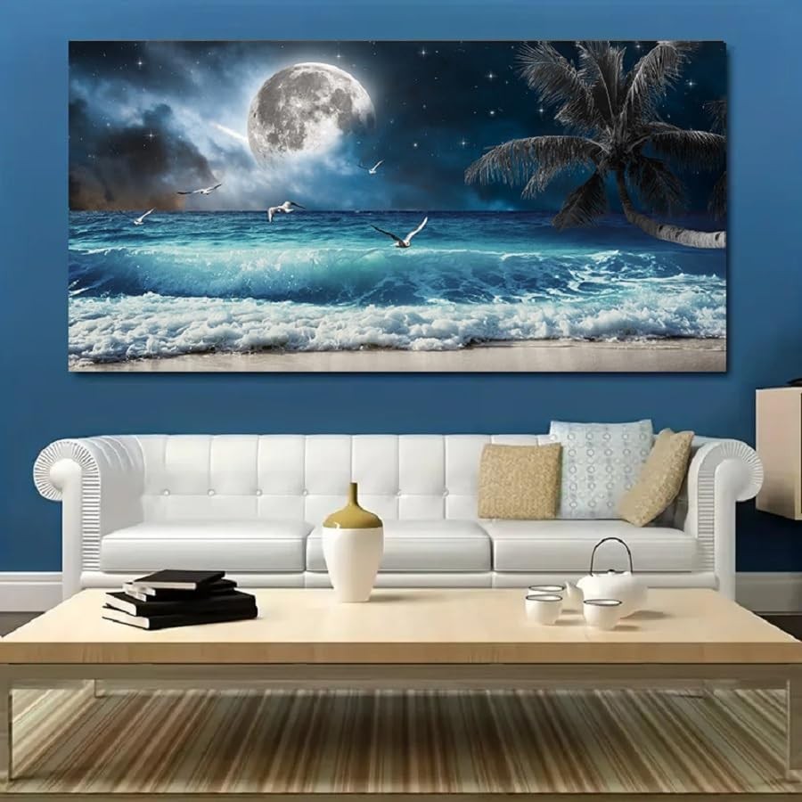 Moon Ocean Decor Beach Wall Art 20x40in Canvas Seascape Painting – Living Room