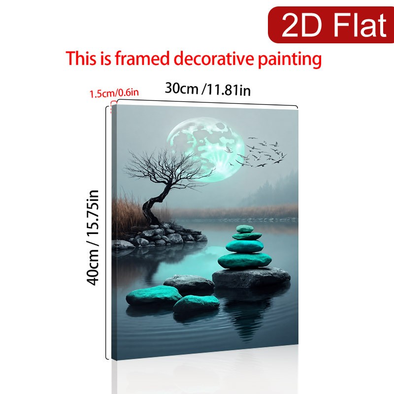 Zen Stone Glowing Moon Lake Canvas Wood Frame Wall Decor Gift