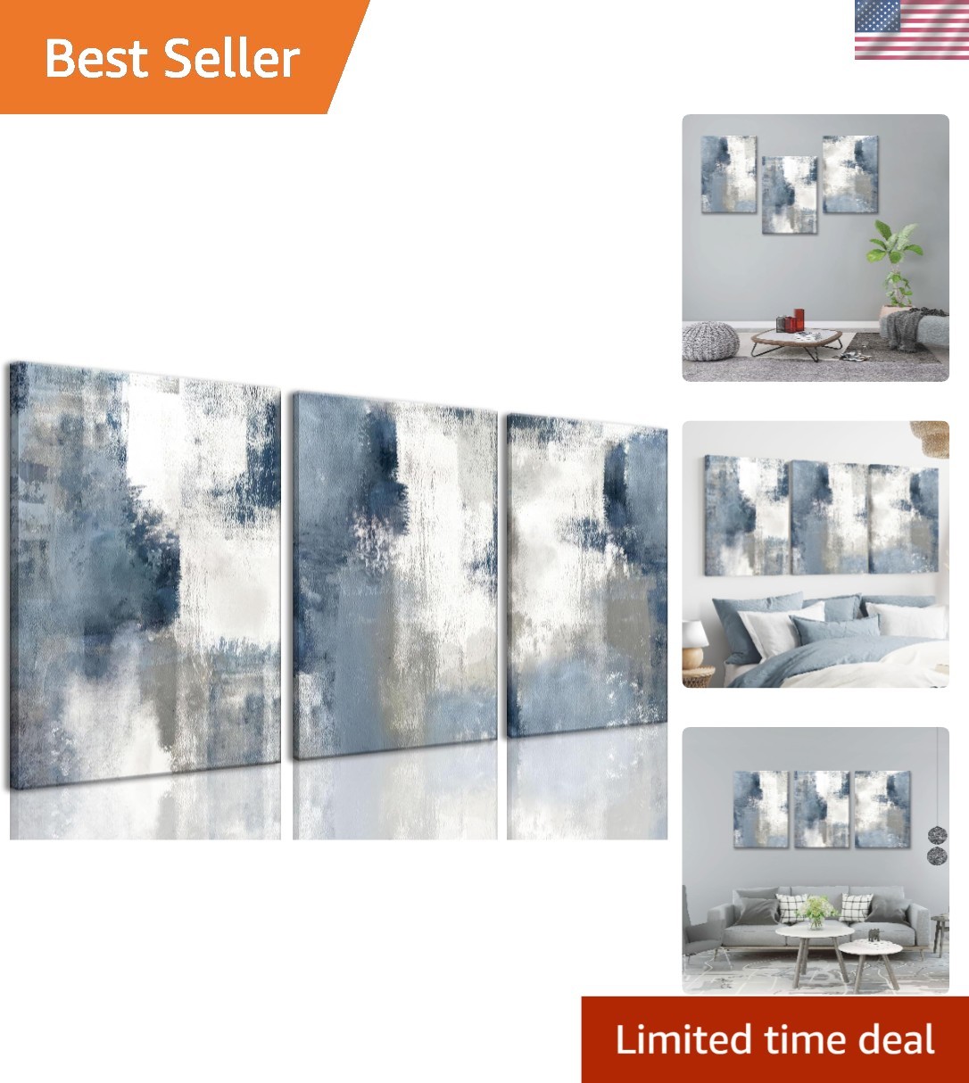 Abstract Wall Art Navy Blue Gray Canvas Large Framed Set of 3 Modern Minimali…