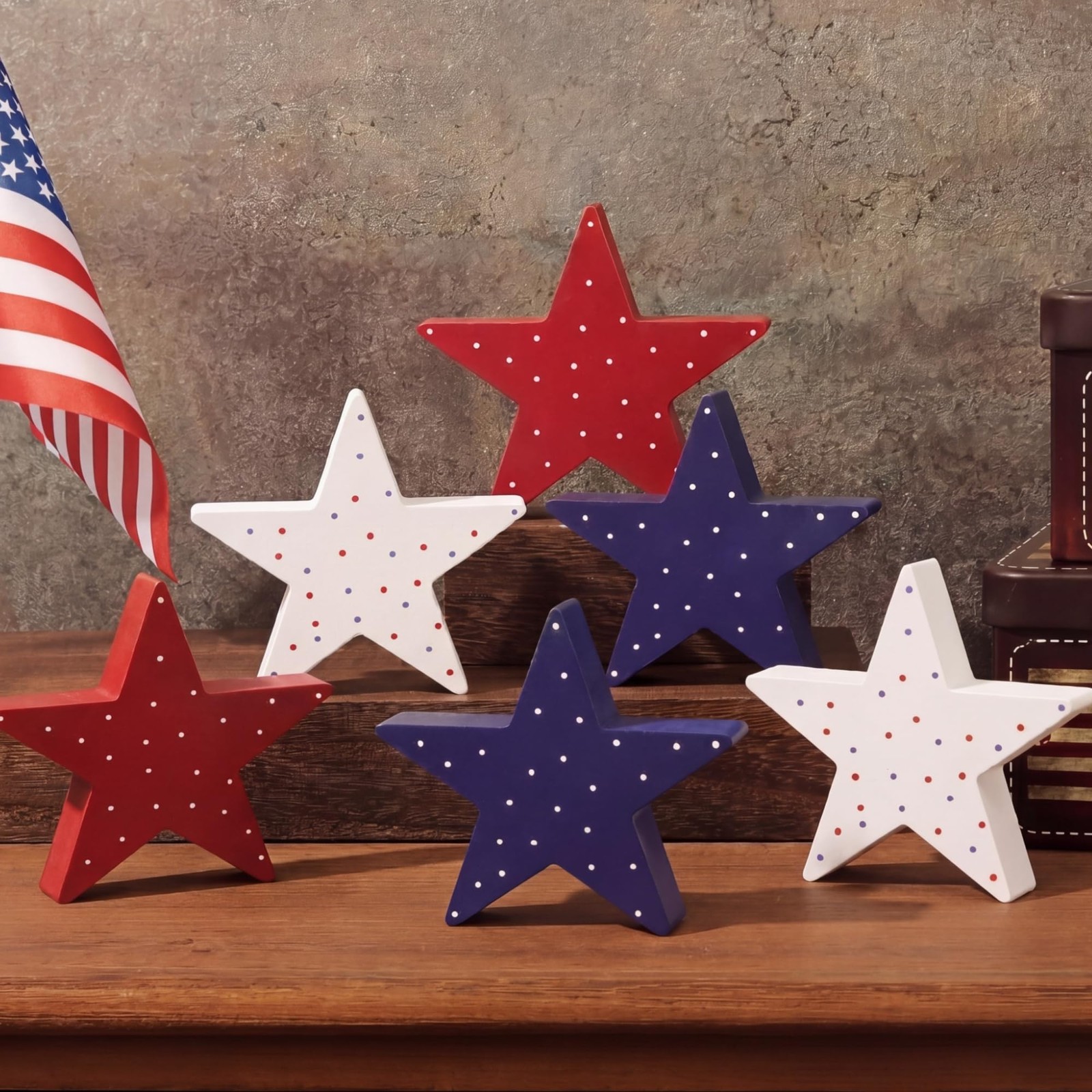 6 Pcs 4th of July Patriotic Table Decor Red Blue White Wooden Signs Set