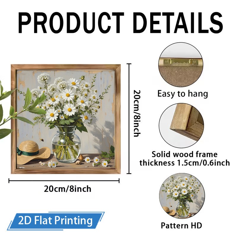 Rustic Textured White Daisy Flower Vase Bee Art Wooden Sign Living Room Wall