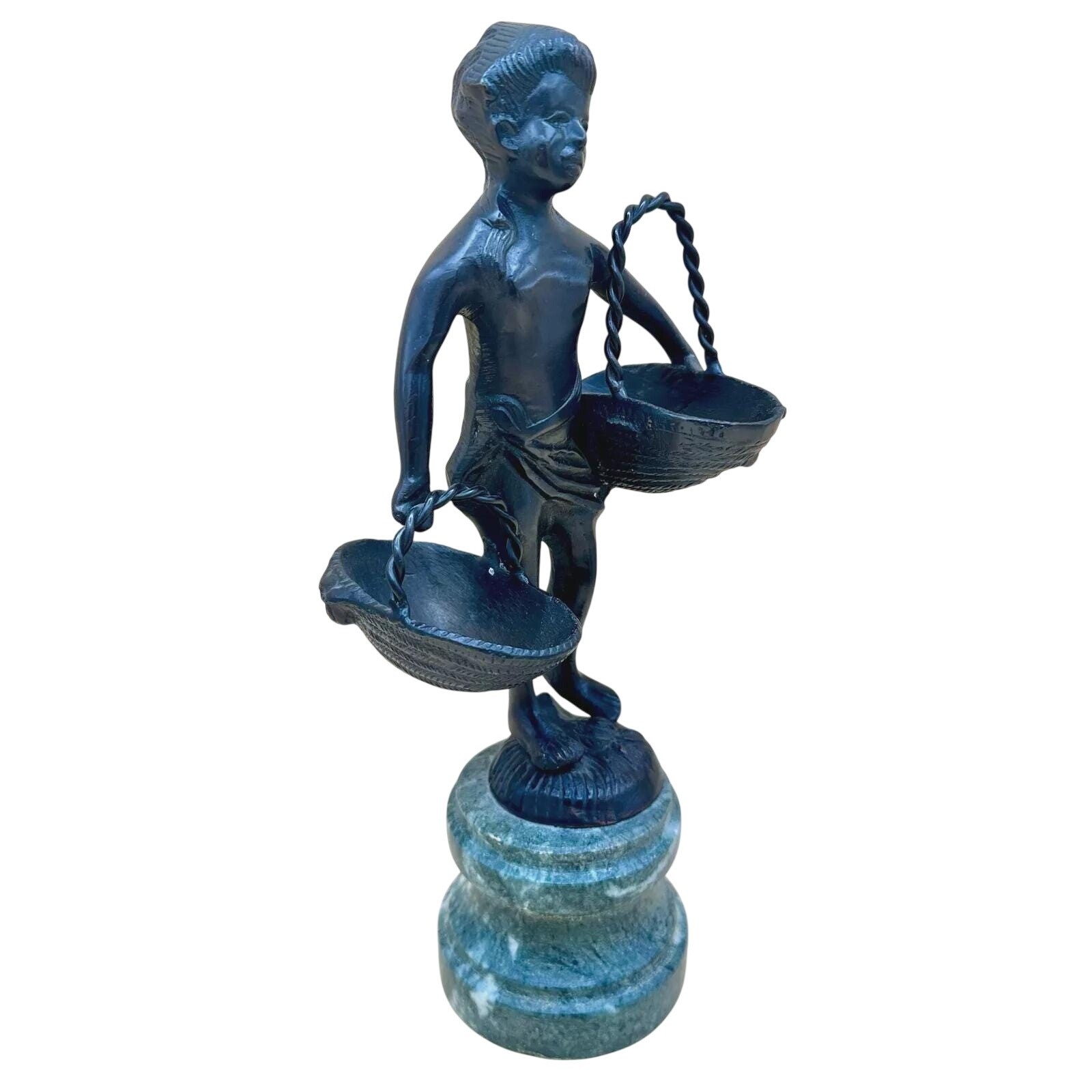 Bronze Sculpture Girl with Two Baskets Art Nouveau Marble Base ~ 11.5″ (Bizard?)
