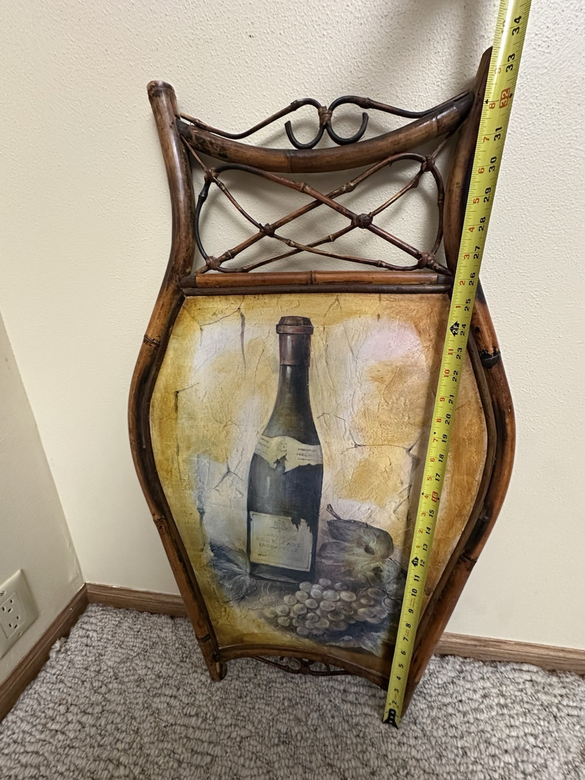 Vintage Bamboo Rattan Framed Wall Hanging of Wine And Grapes