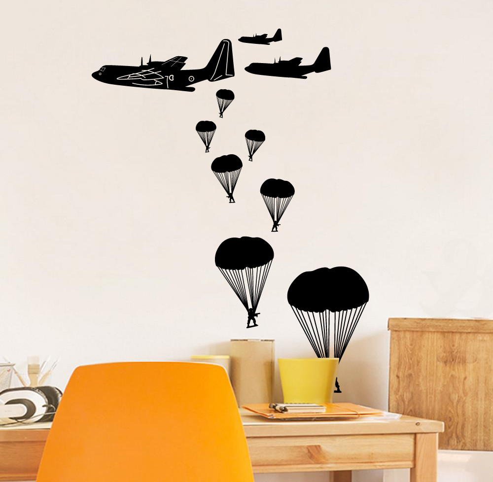 Kids Bedroom Art Military Army Cargo Planes Paratroopers Vinyl Wall Decal 20×25