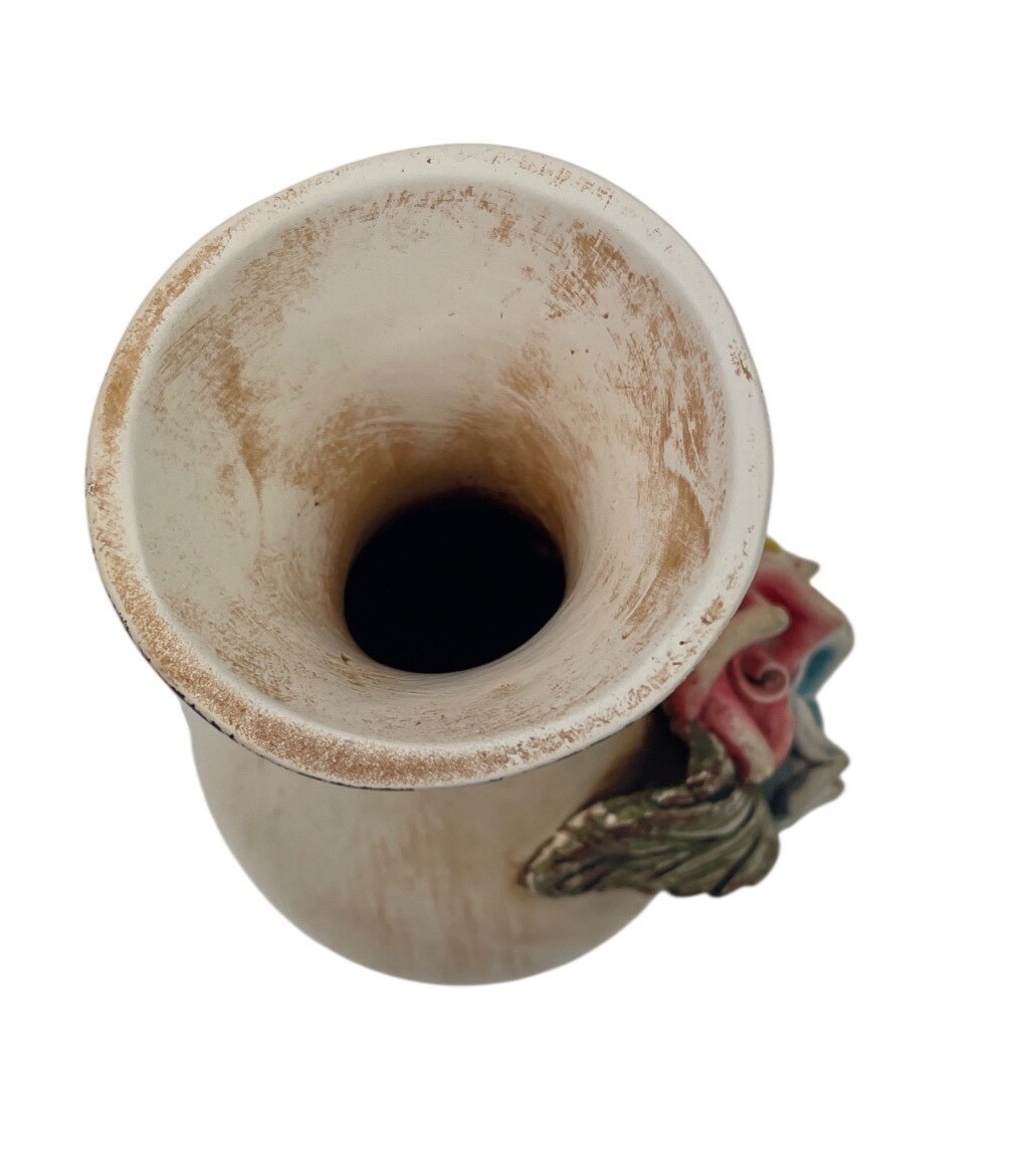 Hand Painted Ceramic Vase Floral Rose Accent Tall White Distressed Finish