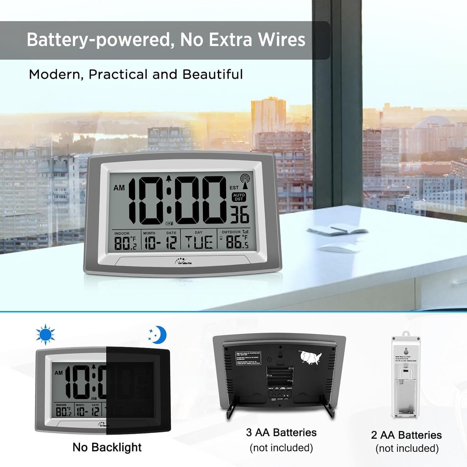 WallarGe Atomic Clock with Outdoor and Indoor Temperature – 12.5 Inch Self-Setti