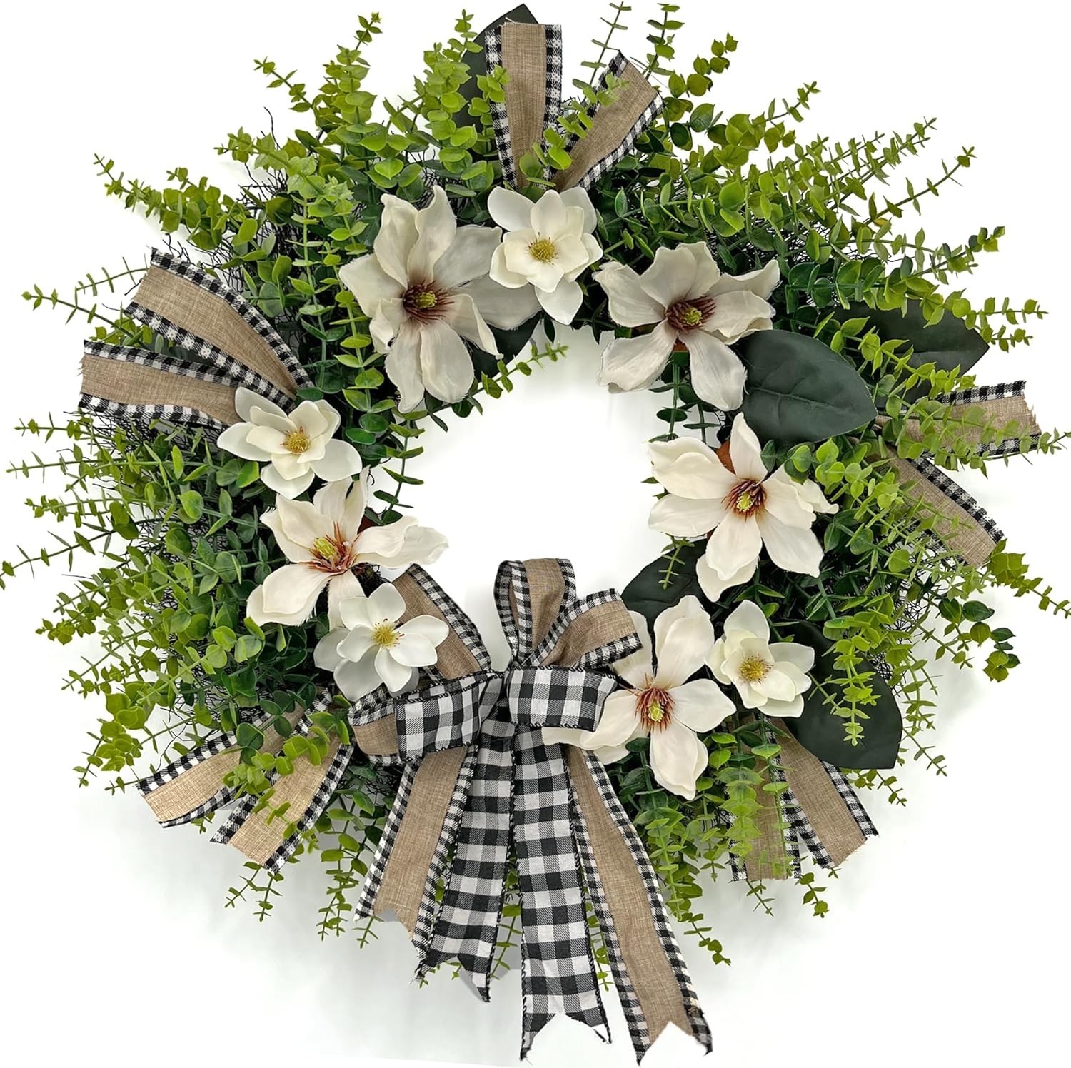 24 Inch Magnolia Wreath Farmhouse Door Decor Greenery Buffalo Plaid Bow