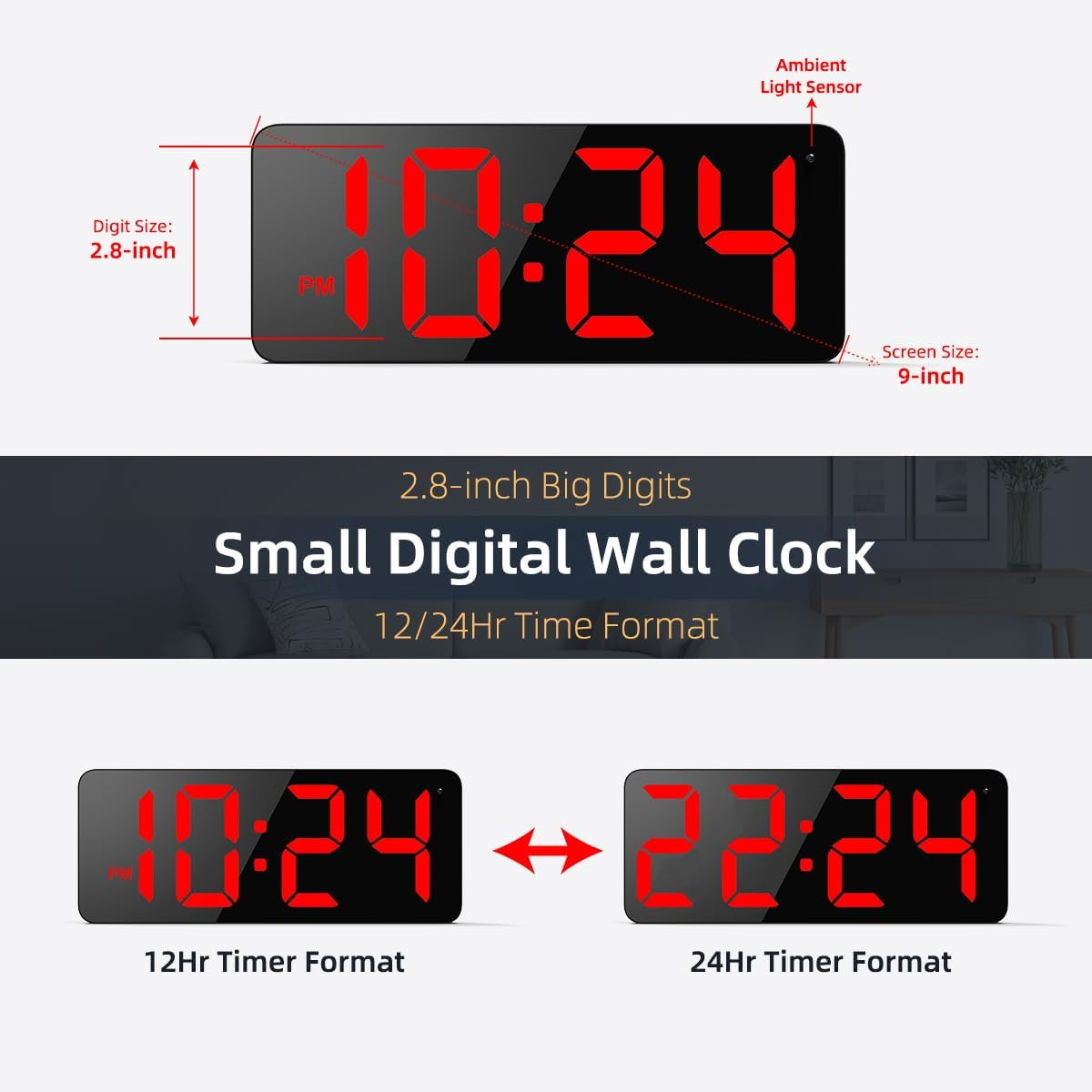 LED Digital Wall Clock with Large Display, Big Digits, Auto-Brightness, 12/24Hr