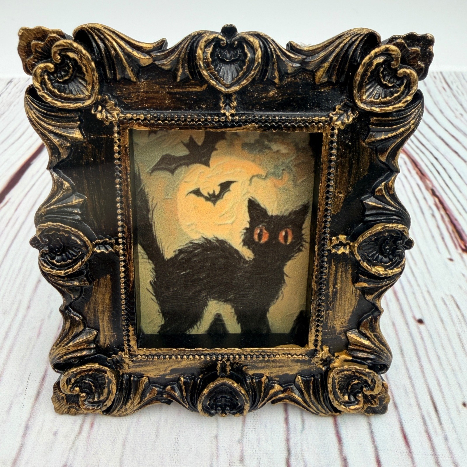 Vintage Black Cat Halloween Art Ornate Black Gold Resin Frame Miniature 3.25in