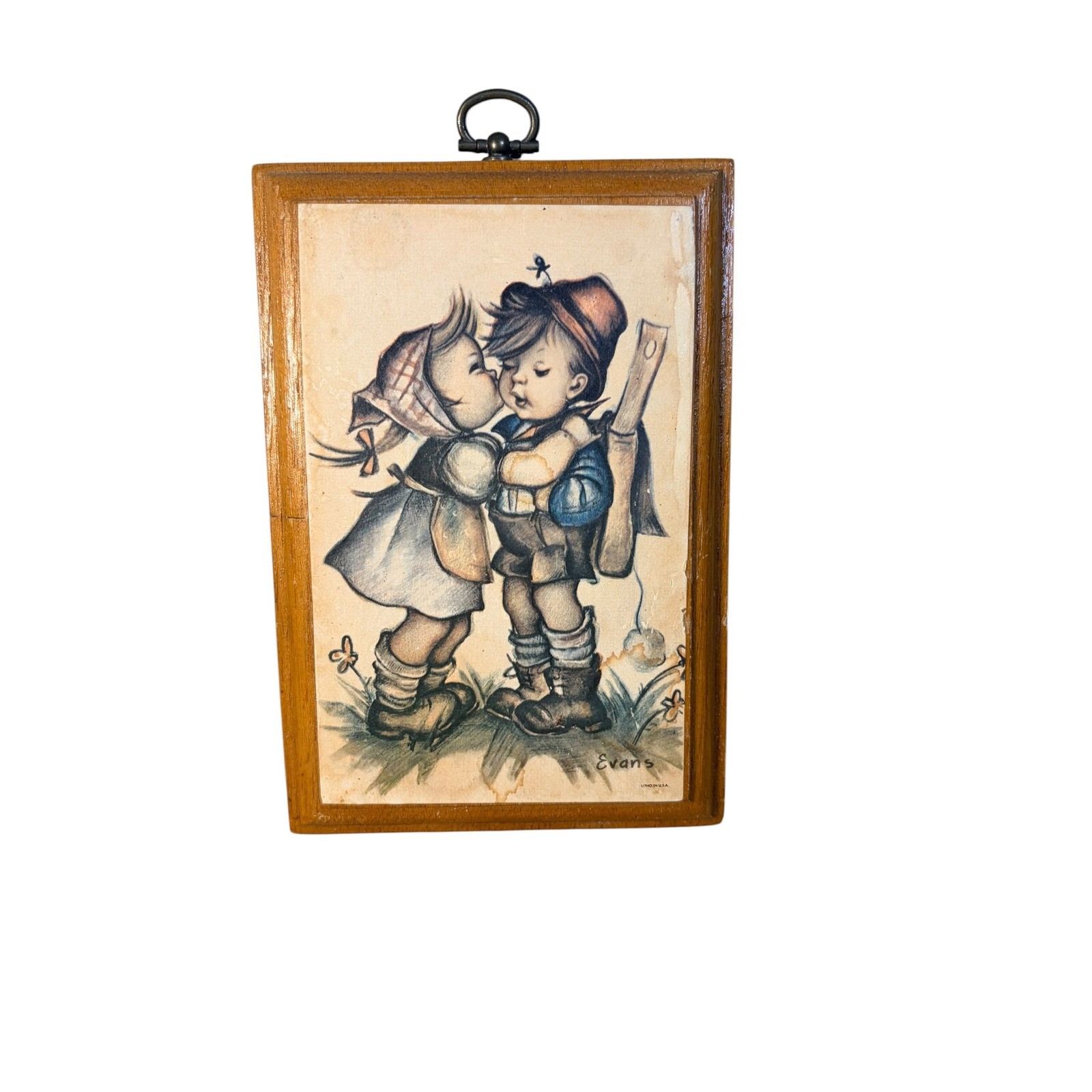 VTG Evans Kissing Children Litho Wood Plaque 1972 Hummel Style MCM Wall Art Read