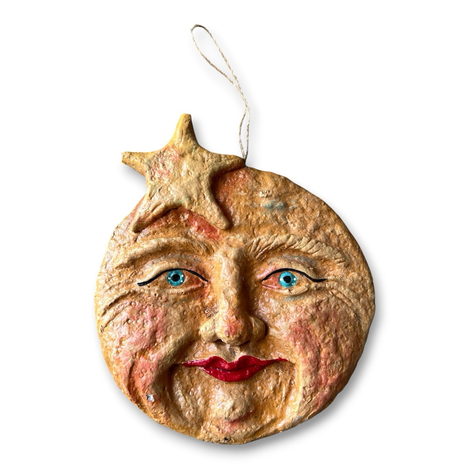 Vintage Celestial Sun Face Wall Hanging Plaque Chalk Ware Creepy Weird Funky