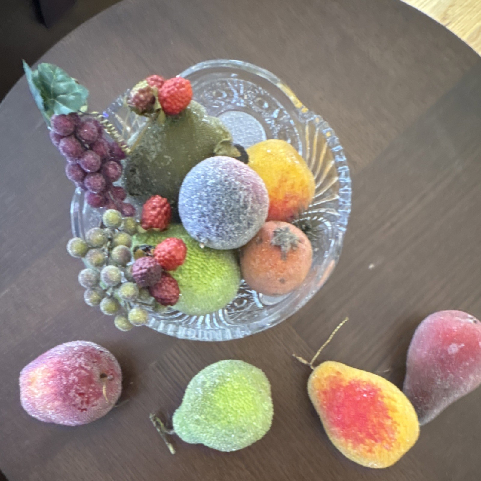 Multicolor Artificial Fruit Assortment in Crystal Glass Bowl, Home Décor
