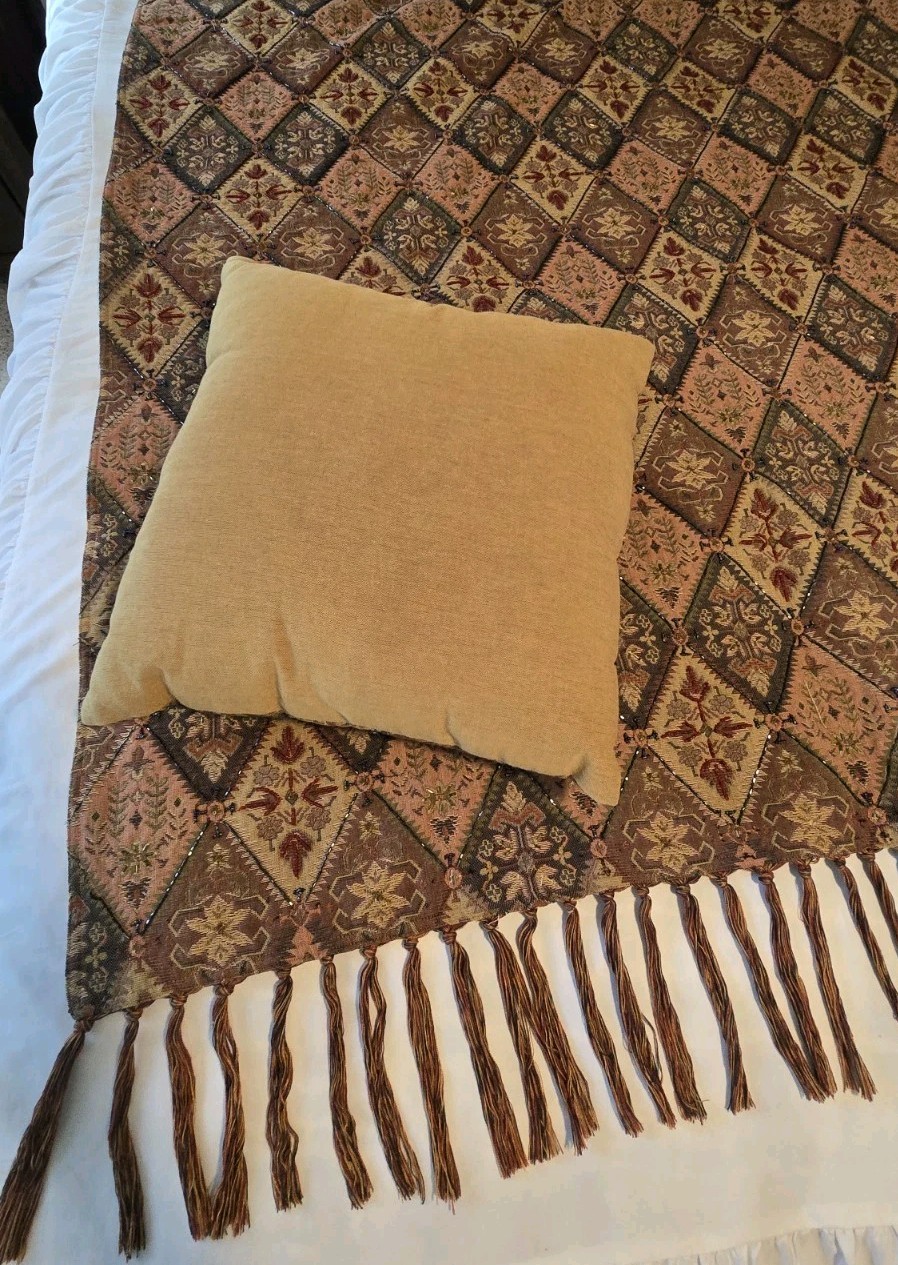 Vtg Pier 1 Imports Boho Beaded Diamond Moroccan Tapestry Fringe Throw & Pillow