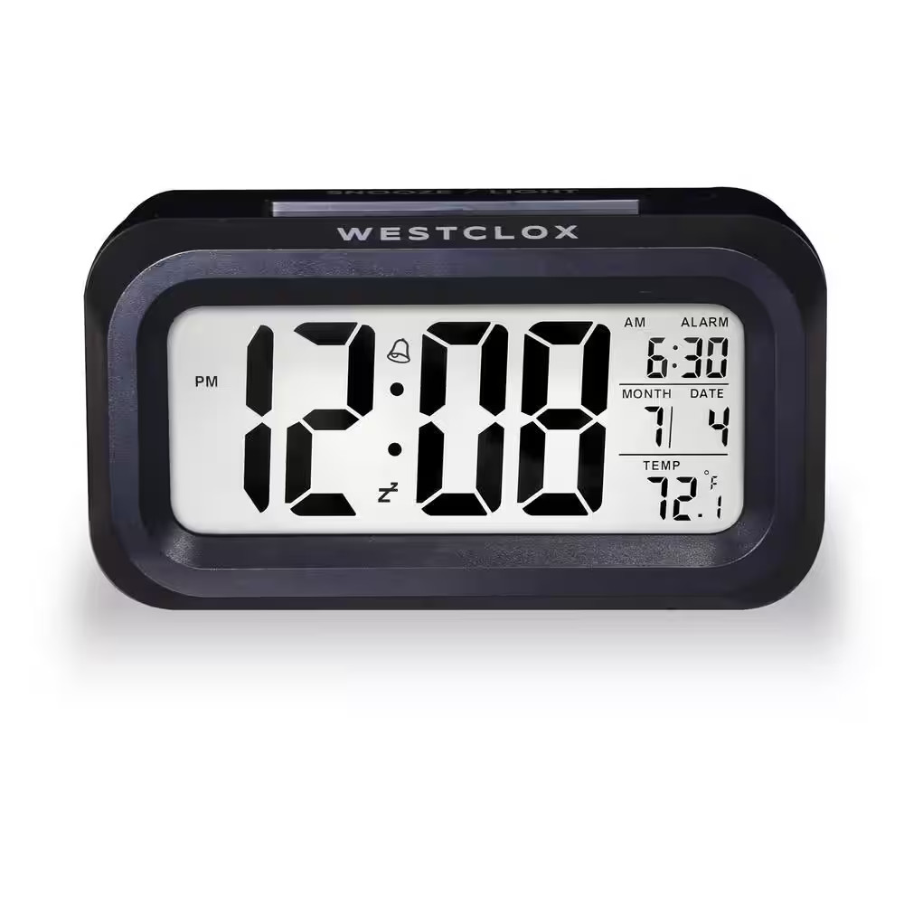 Westclox Black Digital Alarm Clock with Day/Date Display and LED Backlight- Batt