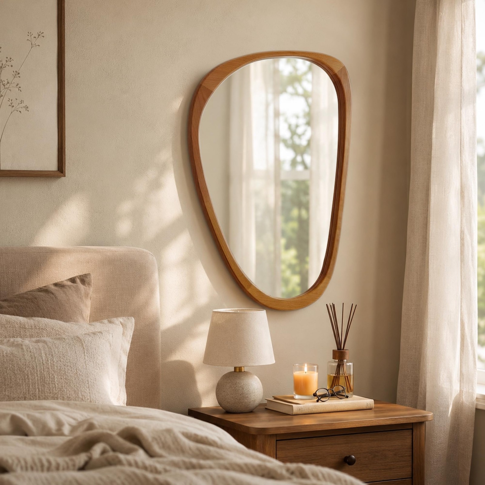 Asymmetrical Solid Wood Mirror – Japandi Boho Natural Accent in Warm Walnut