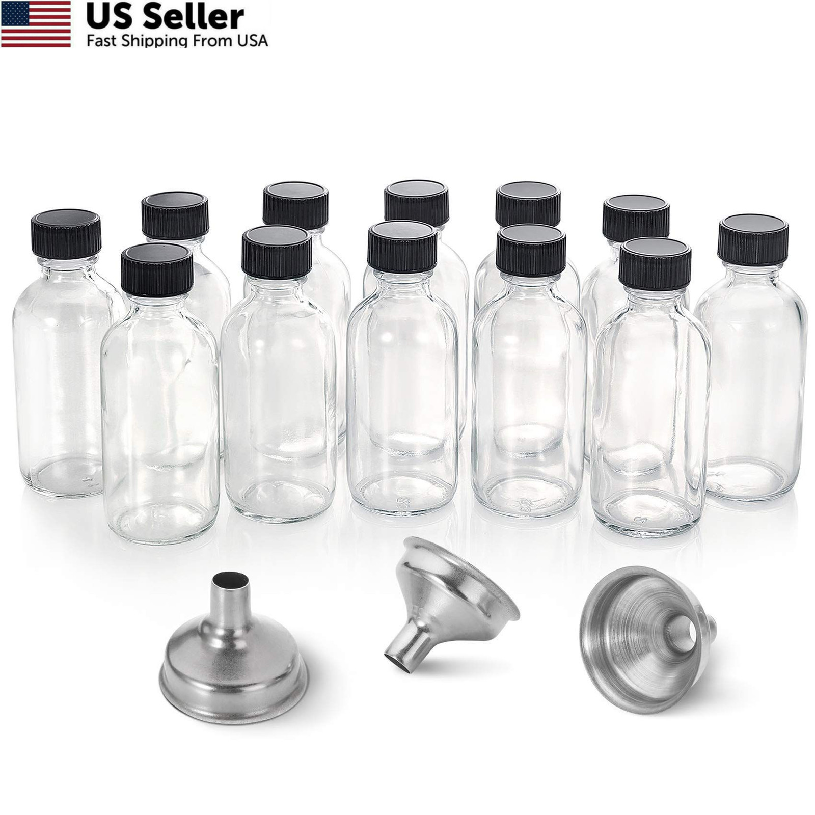 AOZITA 12 Pack, 2 oz Small Clear Glass Bottles w/Lid & 3 Funnels – 60ml