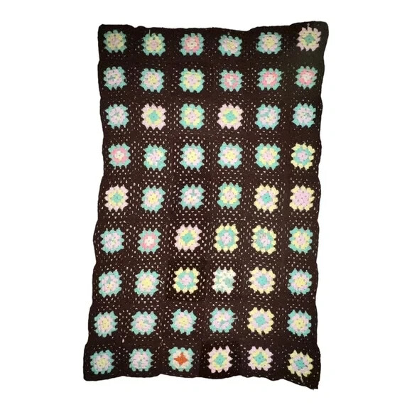 Vintage Handmade Brown Multicolor Granny Square Crochet Blanket Throw Afgan EUC