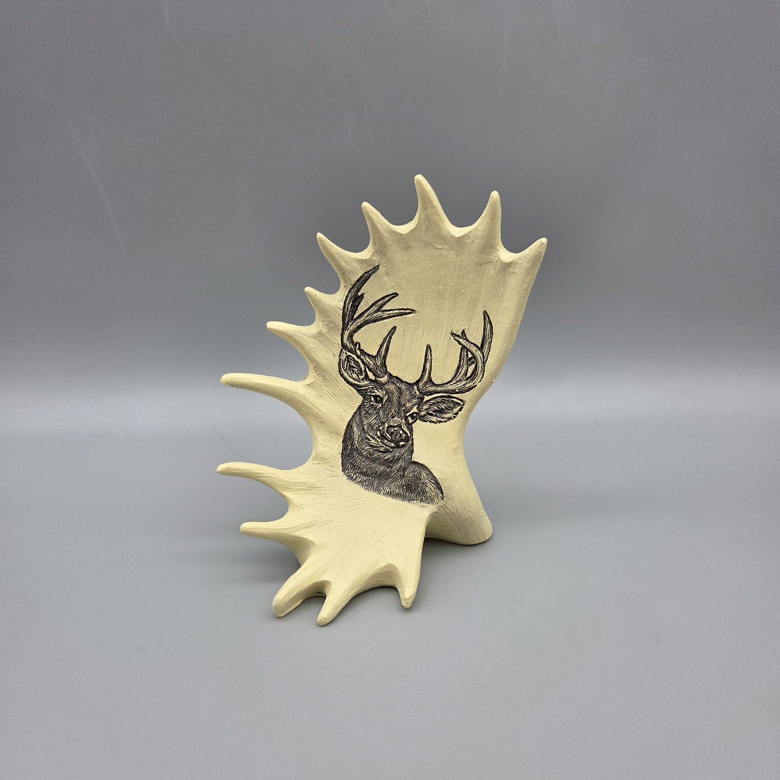 Antler Shaped Figurine With Elk Deer Carving 4.5″ Rustic Hunting Farmhouse Decor