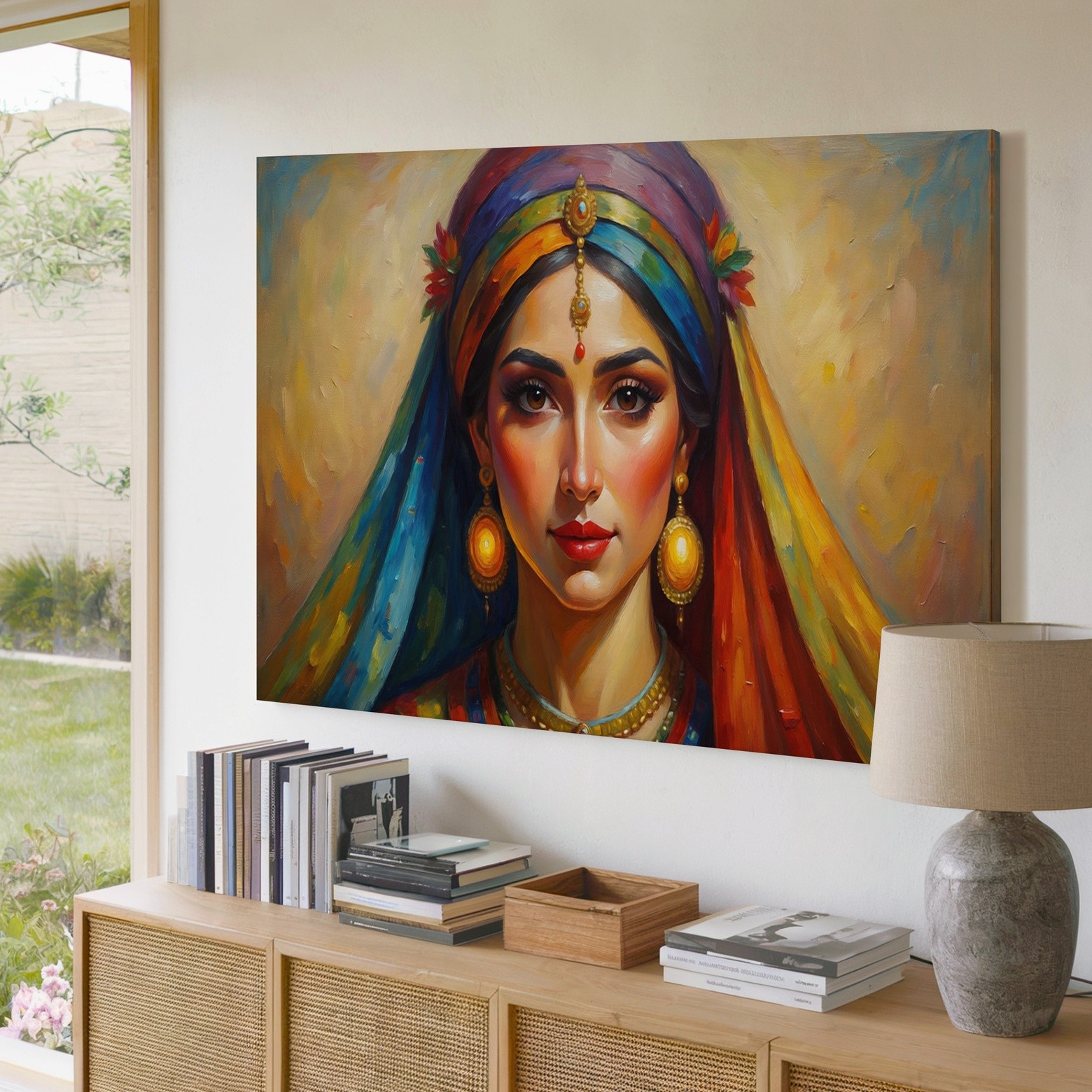 Beautiful ethnic woman portrait canvas wall art vibrant colorful headscarf print