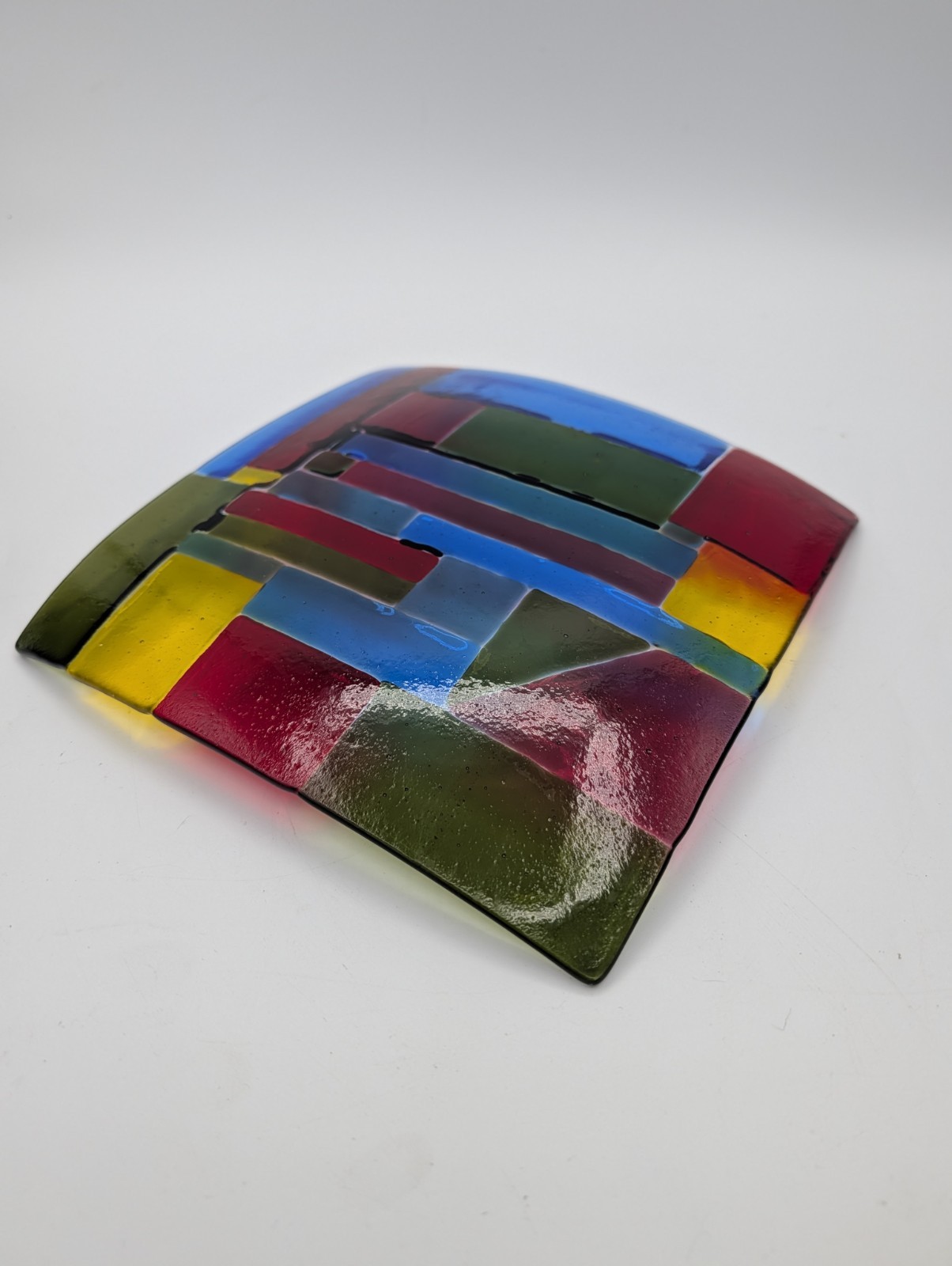 Handmade Fused Art Glass Square Dish Rainbow Geometric Quilted 8″