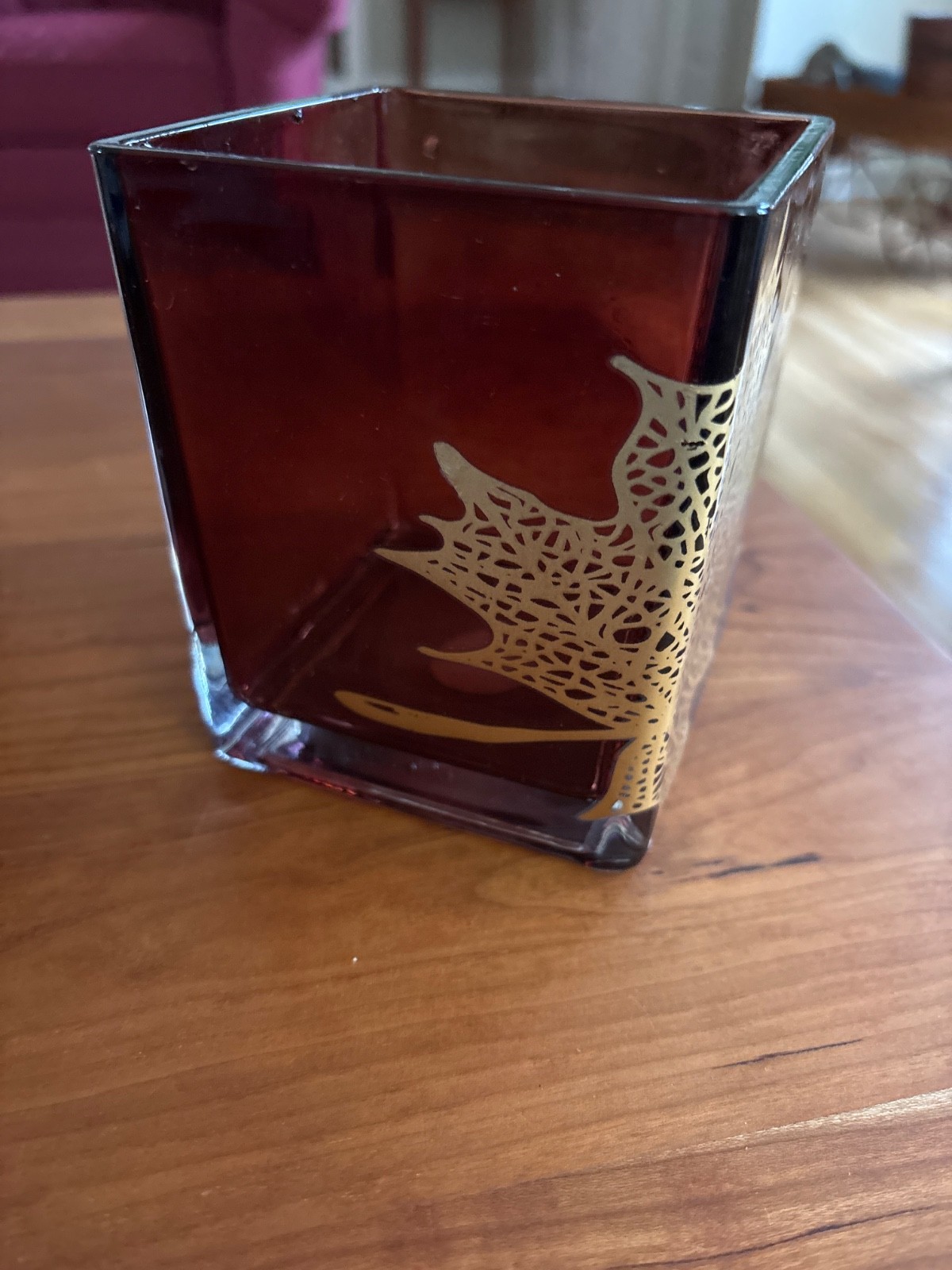 Teleflora Brown Square Glass Vase with Gold Maple Leaf Design 4.75 Inches
