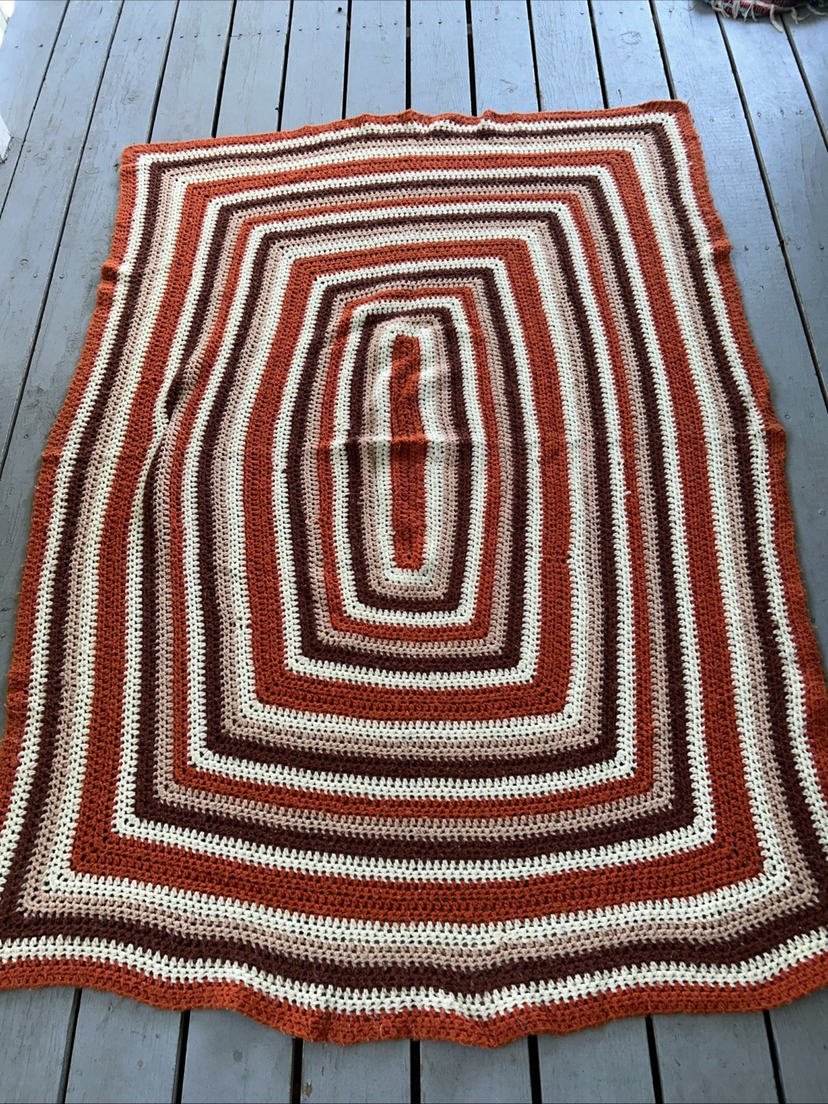 Handmade Afghan Crochet Knitted Blanket 6’ Long 4.5’ Orange Brown White 70s