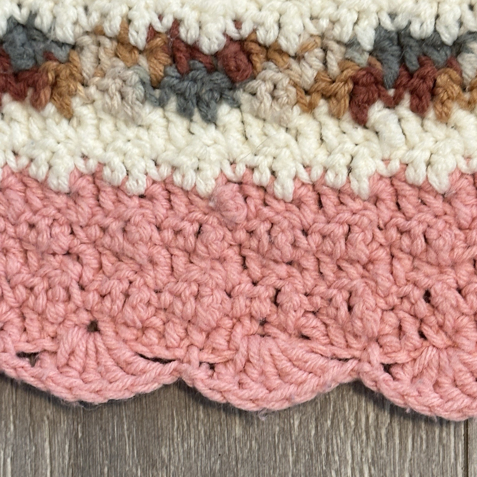 Vtg Hand Crochet Blanket Afghan Throw Pink Gray Brown Multicolor 59”x49”Signed
