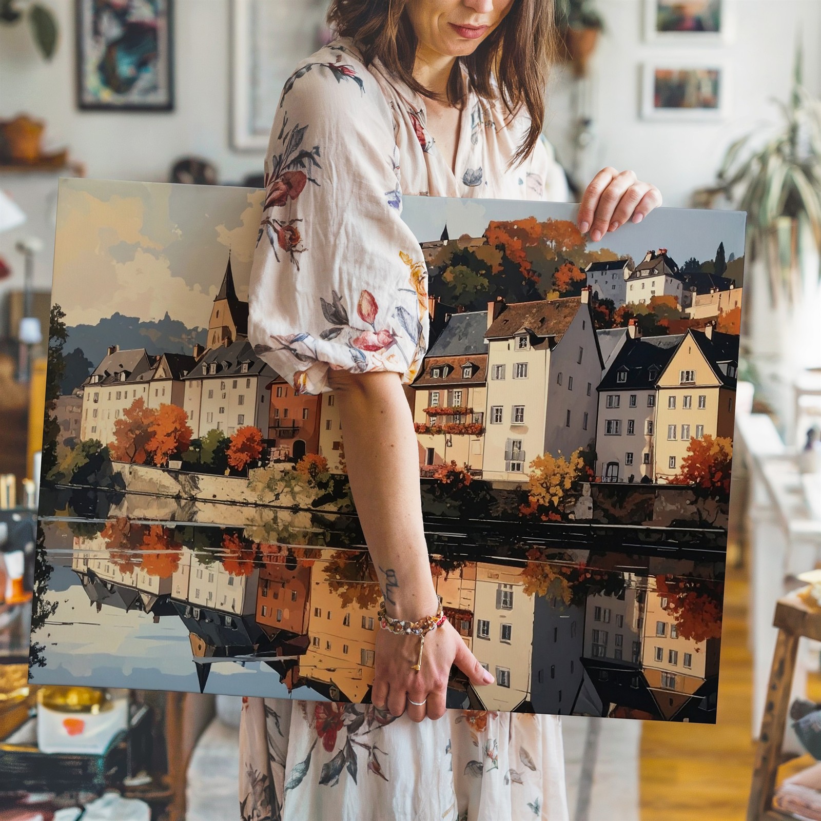 Sunset River Reflection Canvas Cozy European Village Wall Art