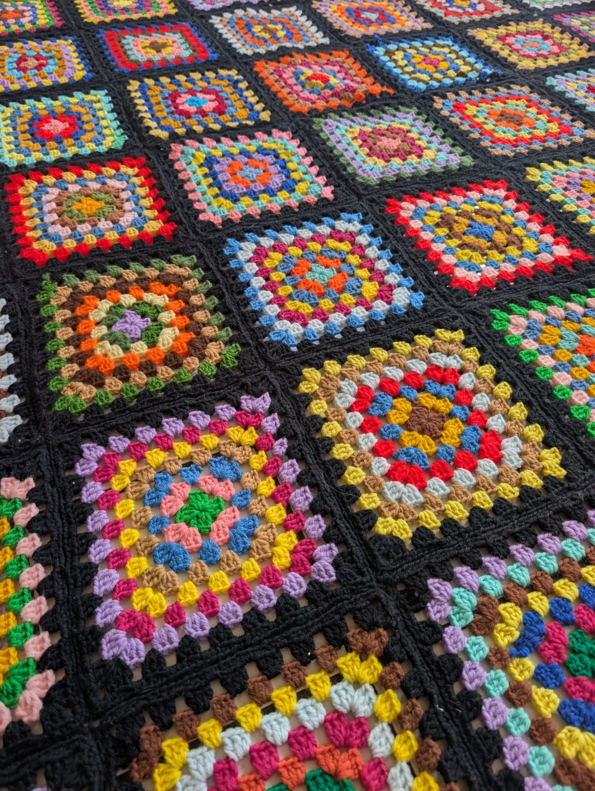 Handmade Granny Square Crochet Blanket Afghan Colorful Vintage Neon Retro 62×69