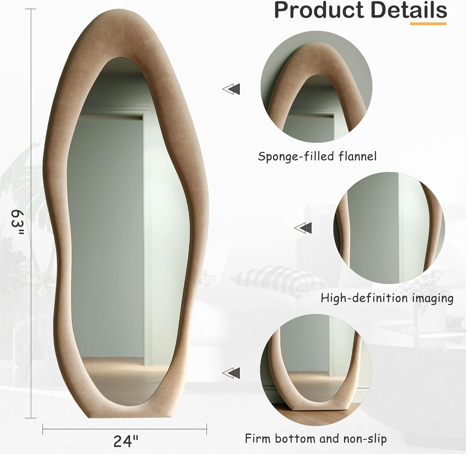 63×24 Full Length Floor Mirror Irregular Wavy Wall Mirror Flannel Frame Decor