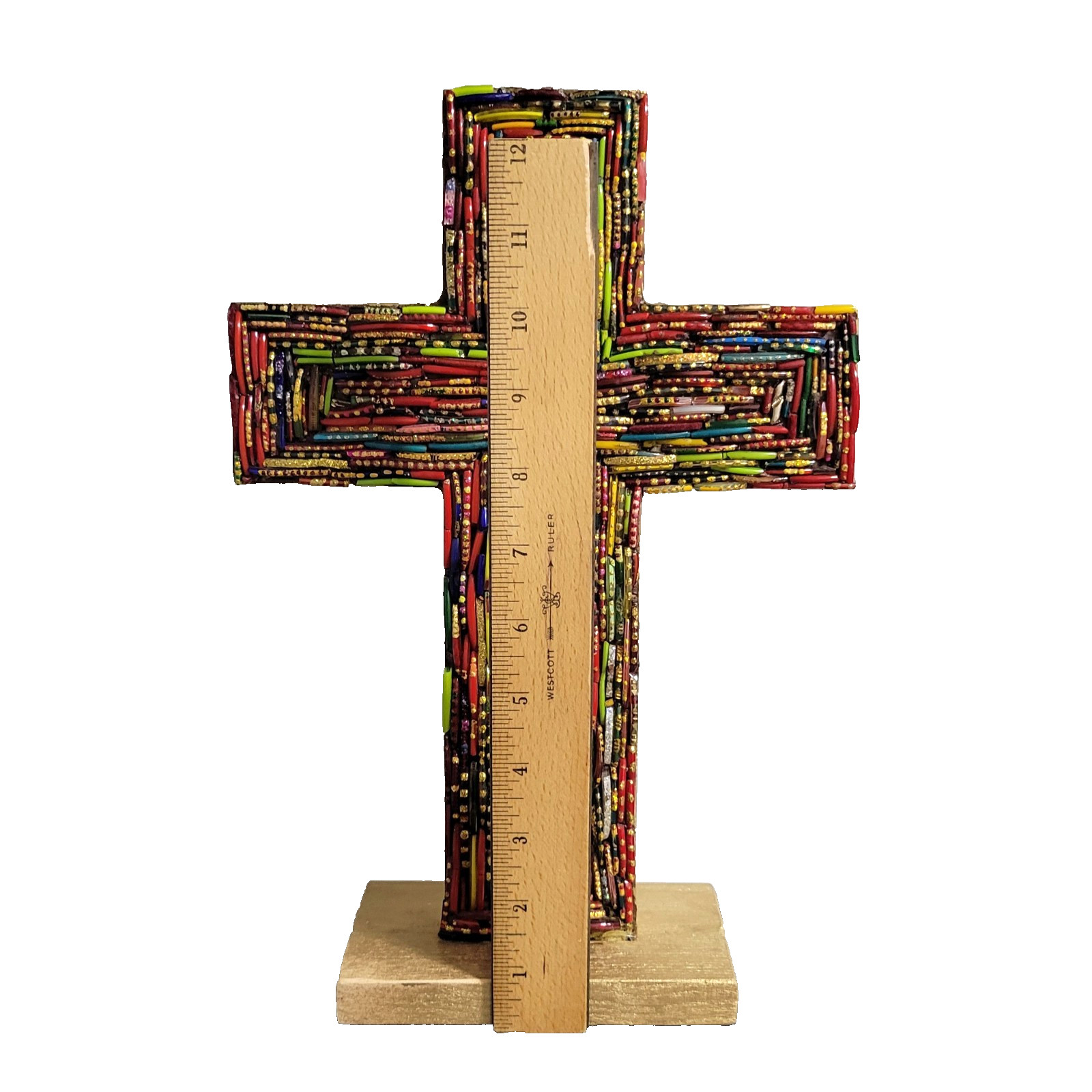 Colorful Mosaic Cross Sculpture Boho Christian Religious Decor Resin Art 12.75″