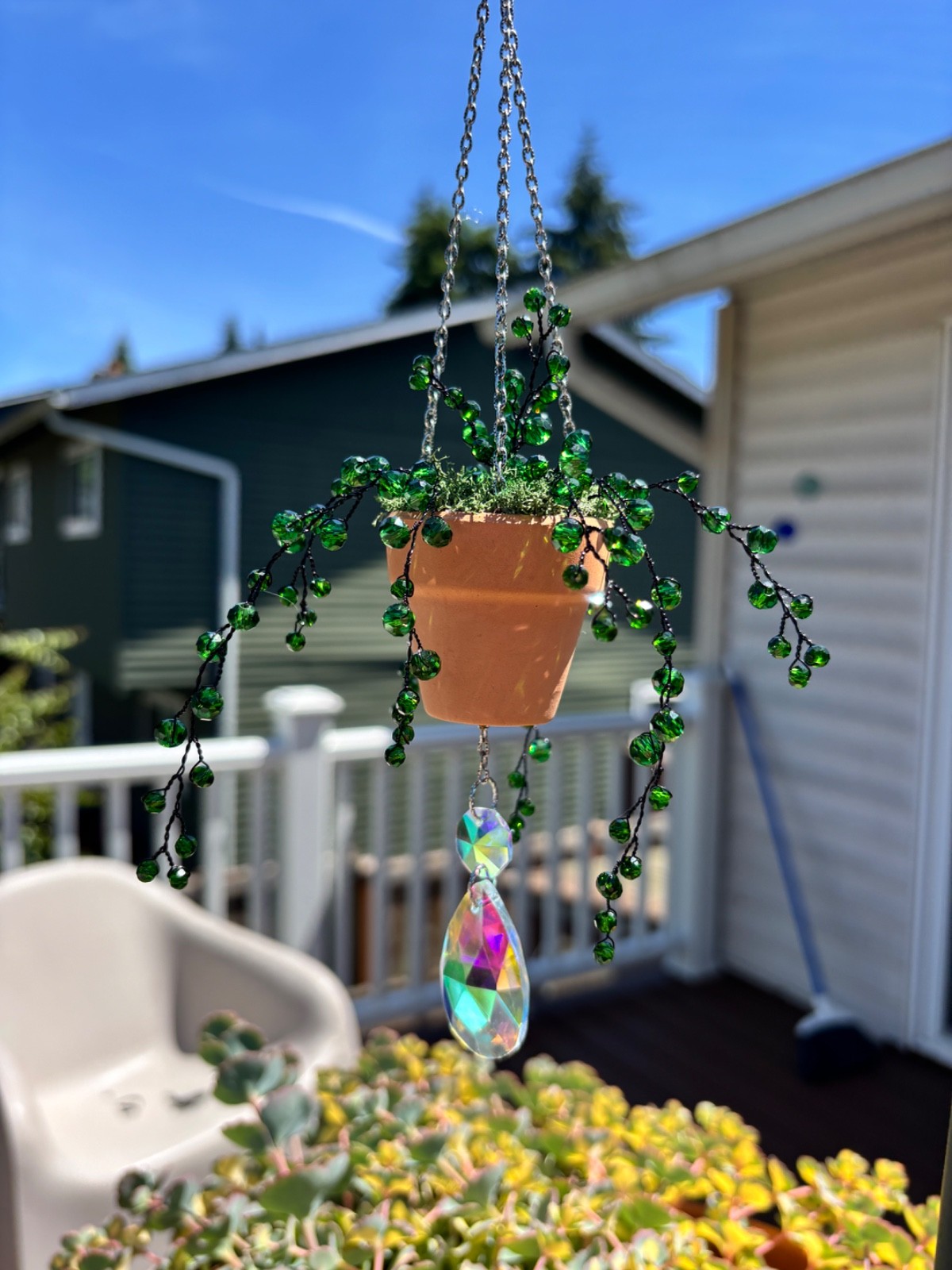 Handmade Beaded Forever Plant Suncatcher Hanging Decor dark green, black wire