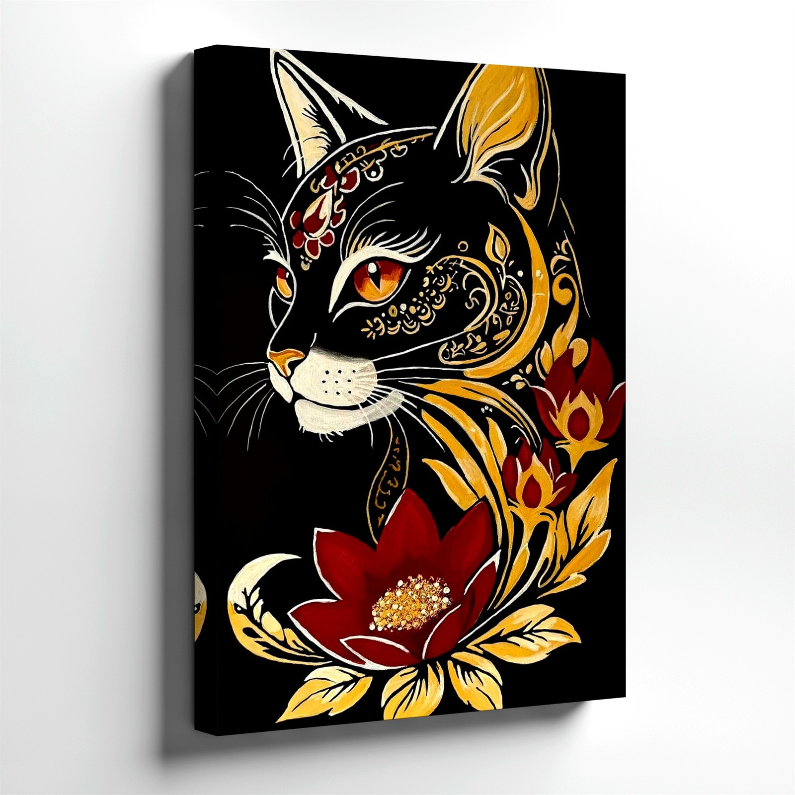 Wall Art Black Cat Floral Painting Gold Red Lotus Decorative Canvas Print Poster