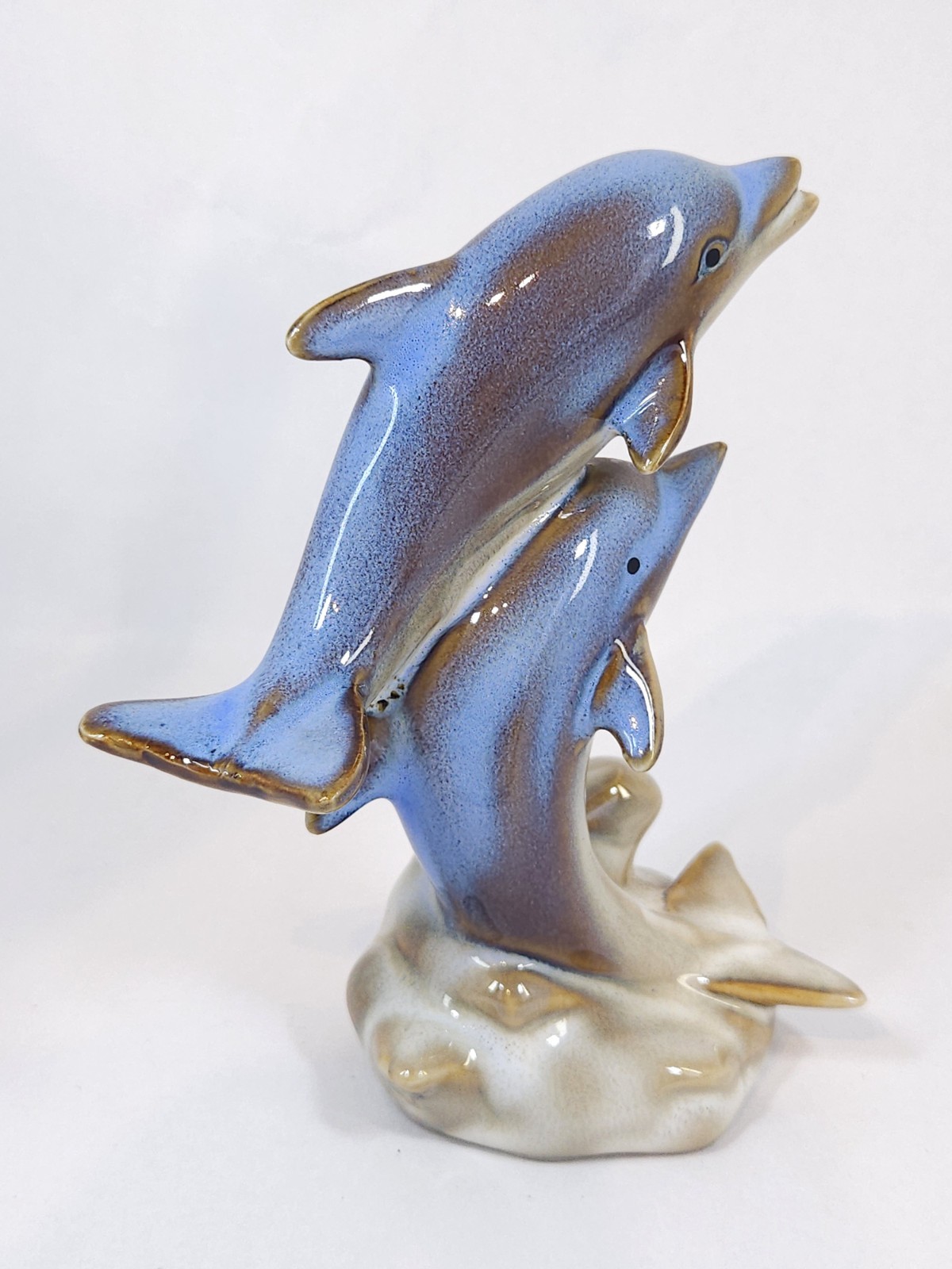 Glazed Ceramic Double Dolphins Figurine Ocean/Coastal Decor sand/cream wave base