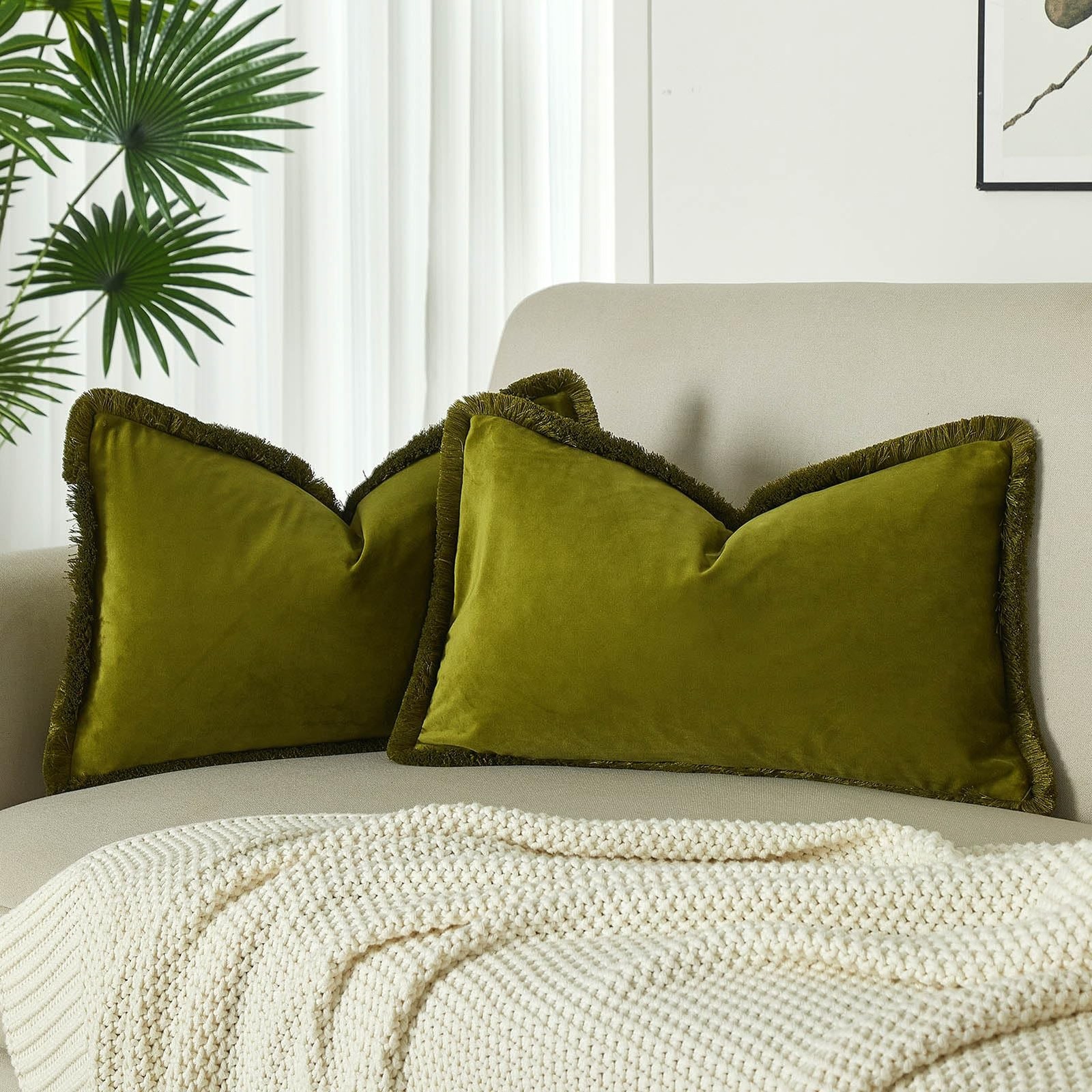 JUSPURBET Olive Green Decorative Velvet Fringe Throw Pillow Covers 16×24 Set …