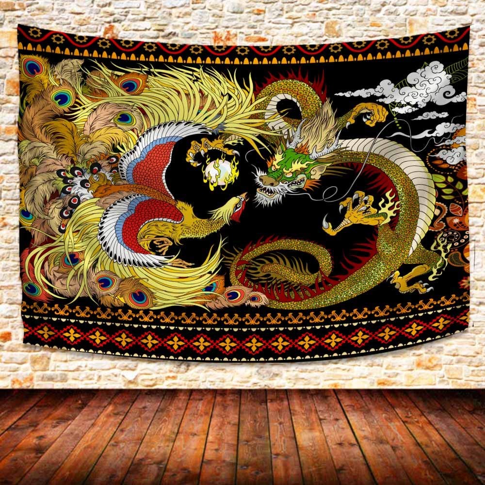 Dragon Phoenix Tapestry, Chinese Oriental Asian Mythology Animal Tapestries, Chi