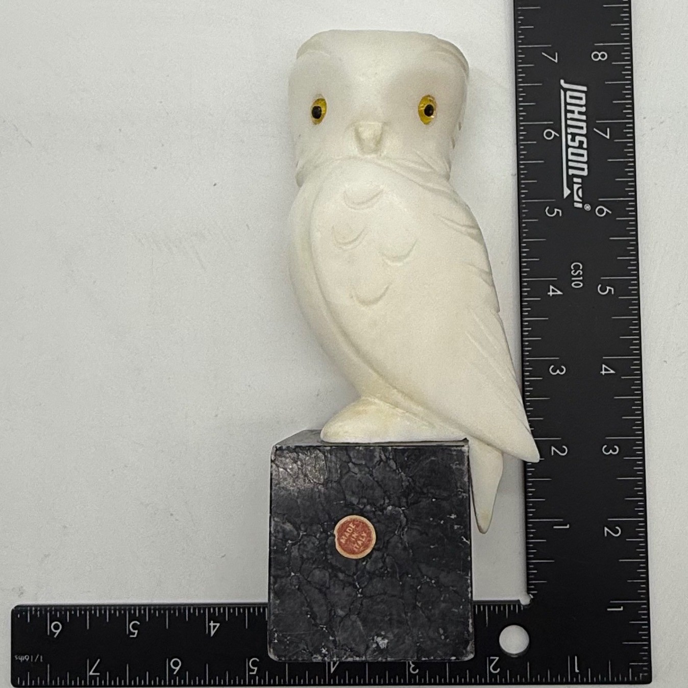 Vtg Marble Stone Owl Carved Sculpture Black Base white Made in Italy