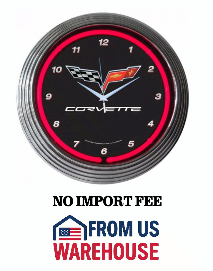 Corvette C6 Neon Wall Clock Red Light Garage Decor Chevy Logo Sign 15 Inch