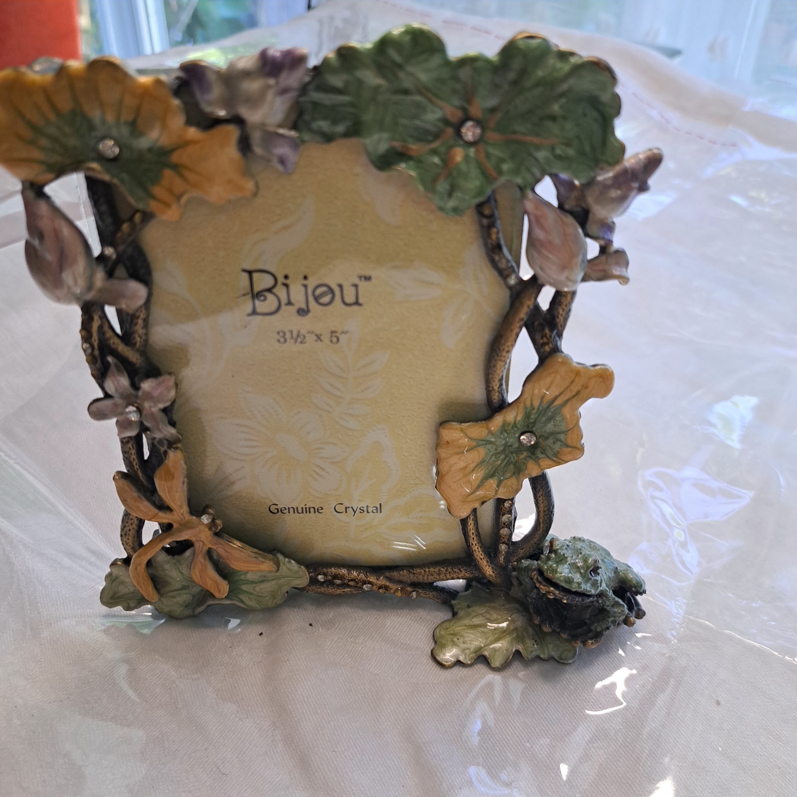 Bijou Frog Lily Pad Dragonfly Floral Enamel Photo Frame Metal Czech Crystal 5×3