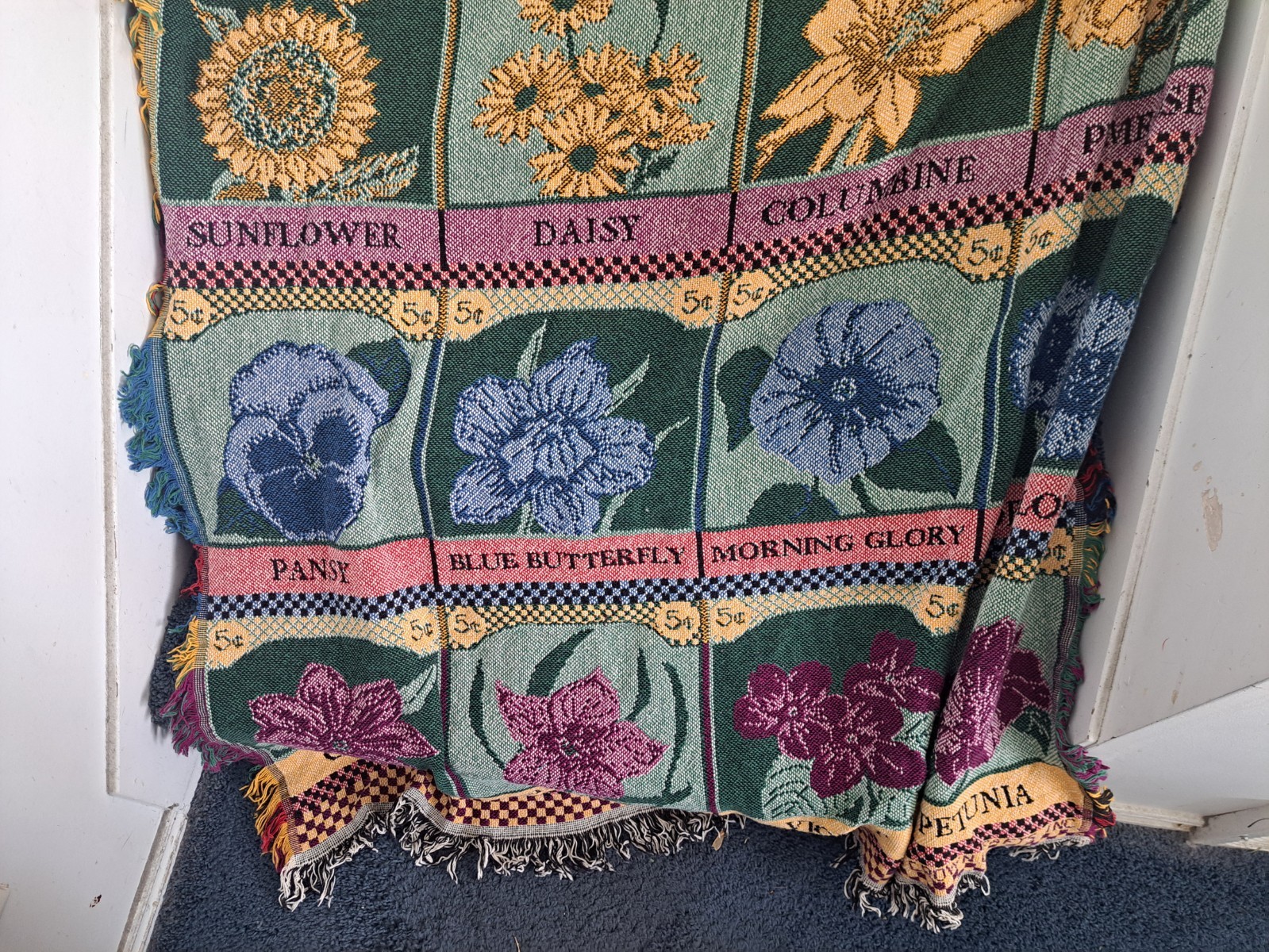 Vintage Crown Crafts Woven Throw Tapestry Blanket Flower Seed Packets 57″ x 45″