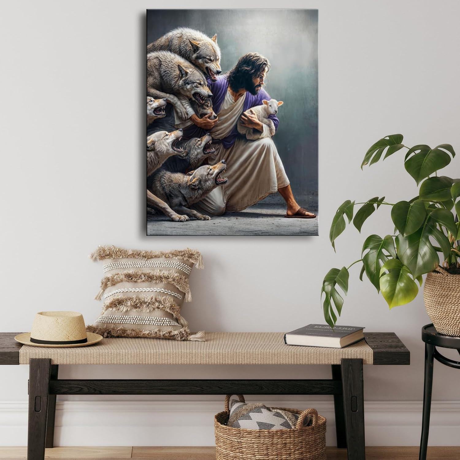 Christian Canvas Wall Art Jesus Guardian Shepherd Protecting Lamb from Wolves