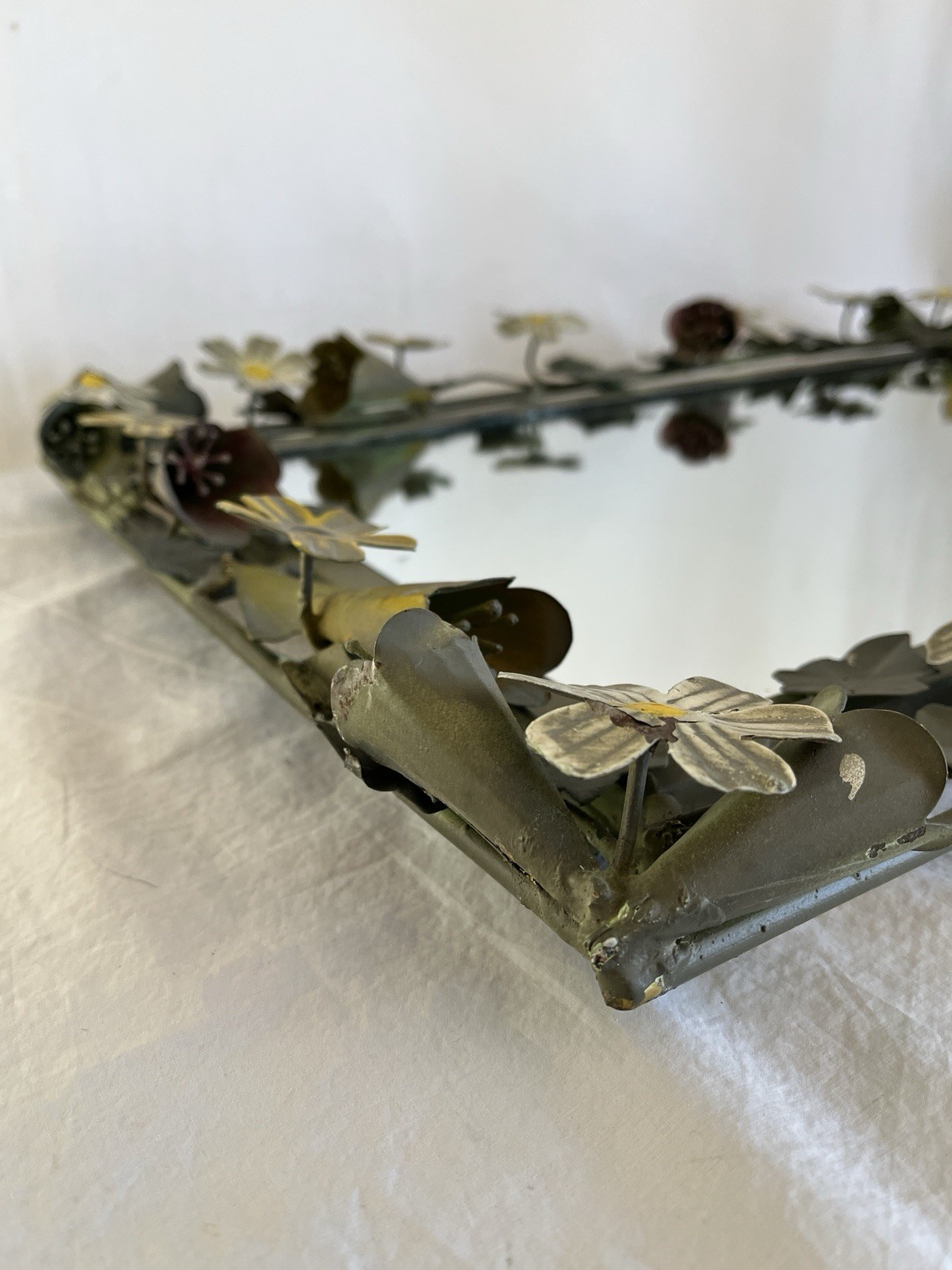 Vintage Tole Mirror Rectangular with Metal Floral and Vine Border