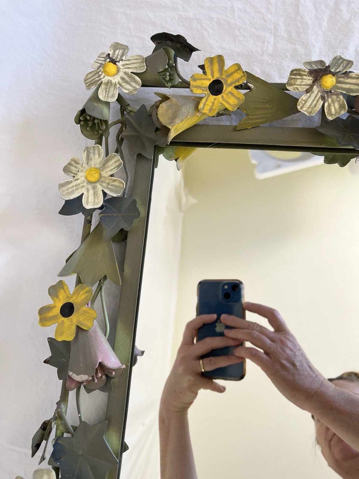 Vintage Tole Mirror Rectangular with Metal Floral and Vine Border