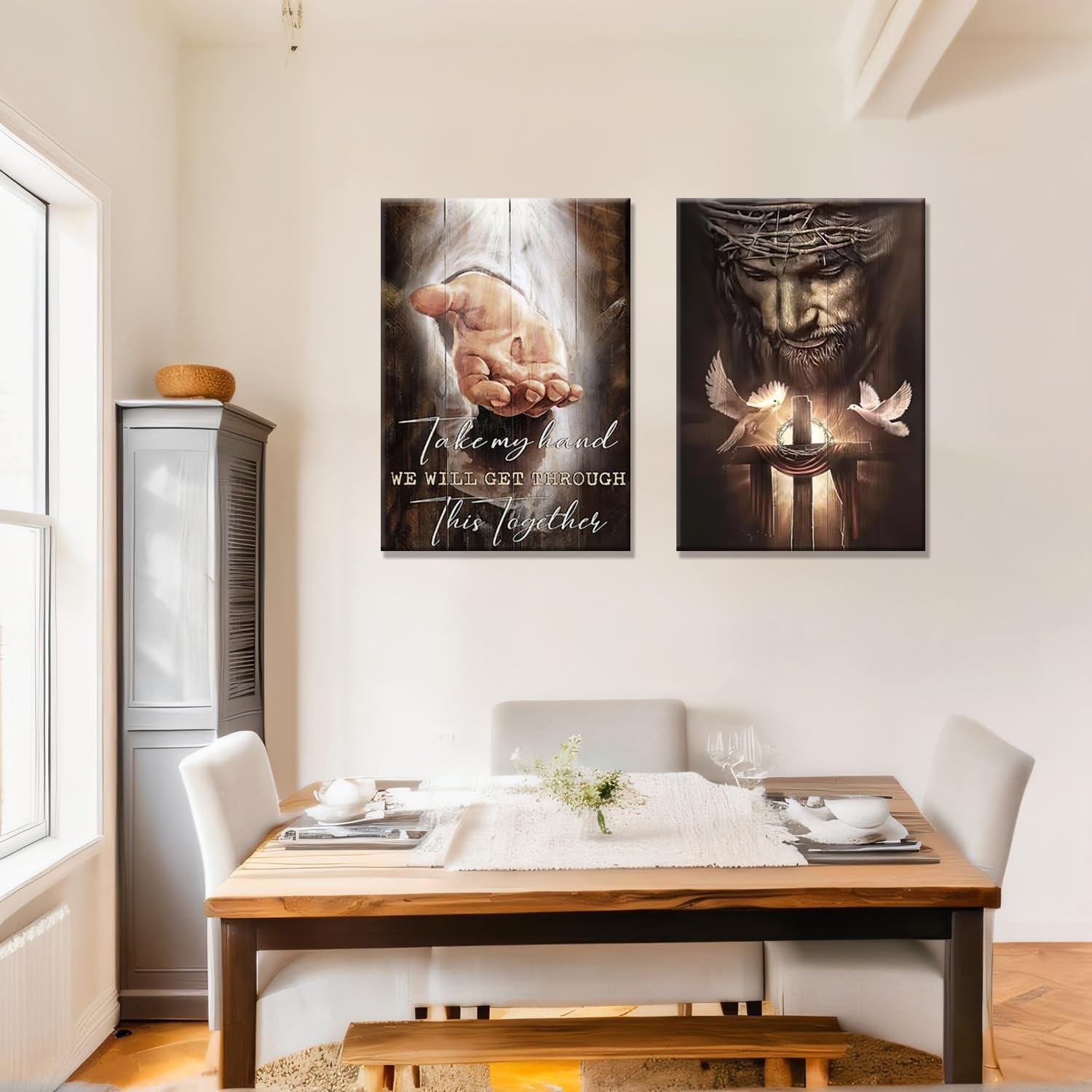2Pcs Jesus Christian Wall Art – ‘Hand of God’ Bible Verse Canvas Decor 16x24in