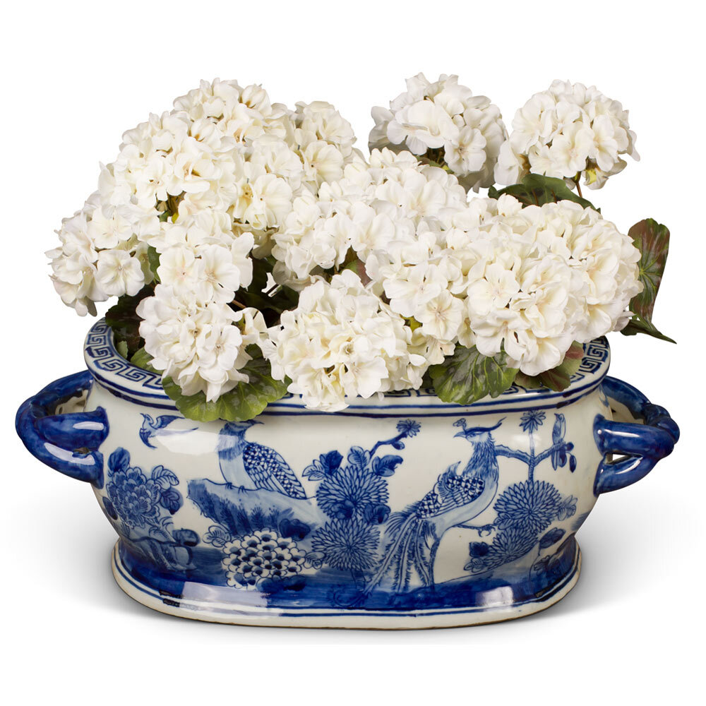 US SELLER – Blue White Flower Birds Chinese Porcelain Footbath Planter