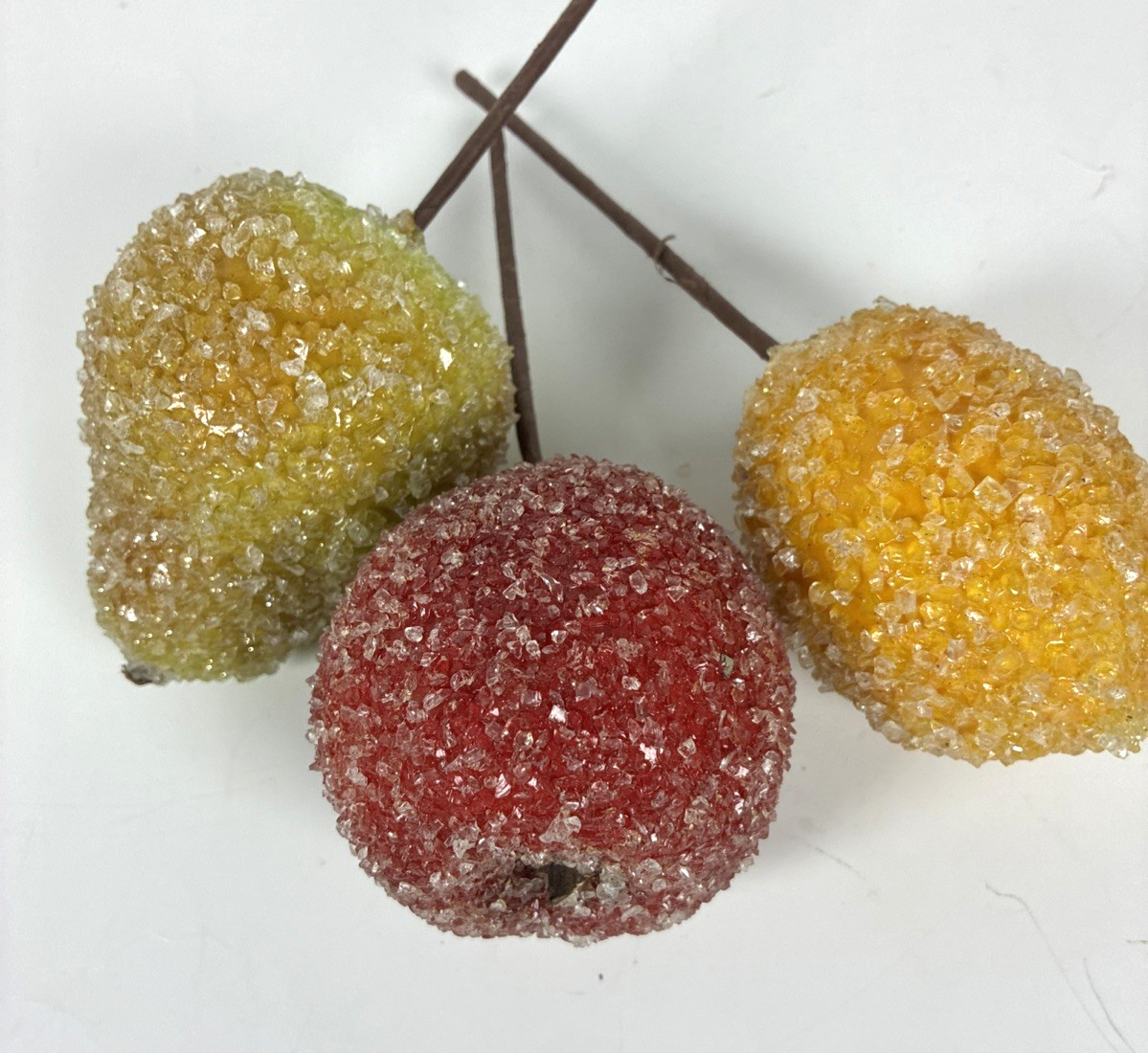 Set of 3 Vtg Sugared Faux Fruit Picks Pear Apple Lemon Glittered Holiday Decor