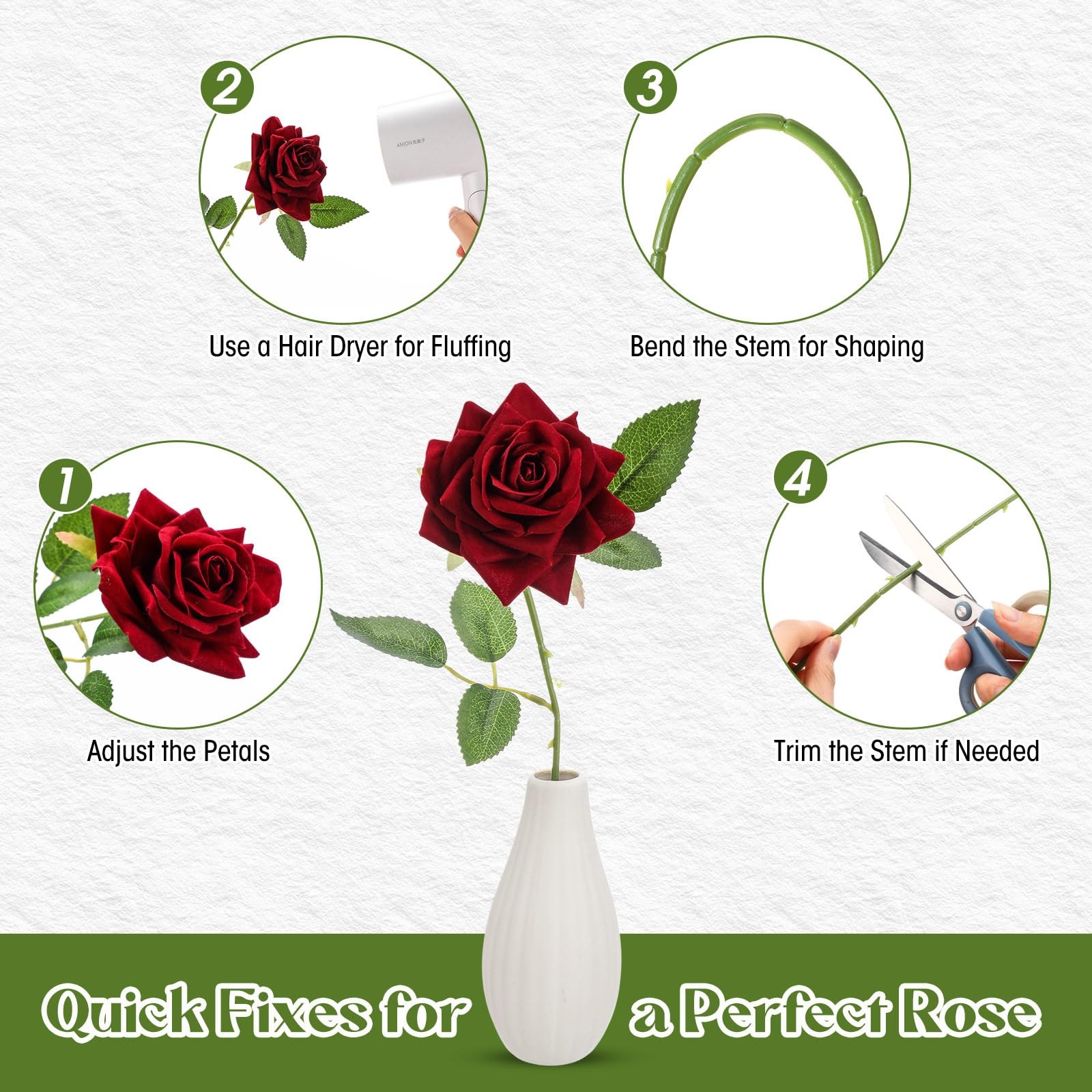 Velvet Single Roses Red Artificial Flowers, Fake Silk Rose Faux Look Real Floral