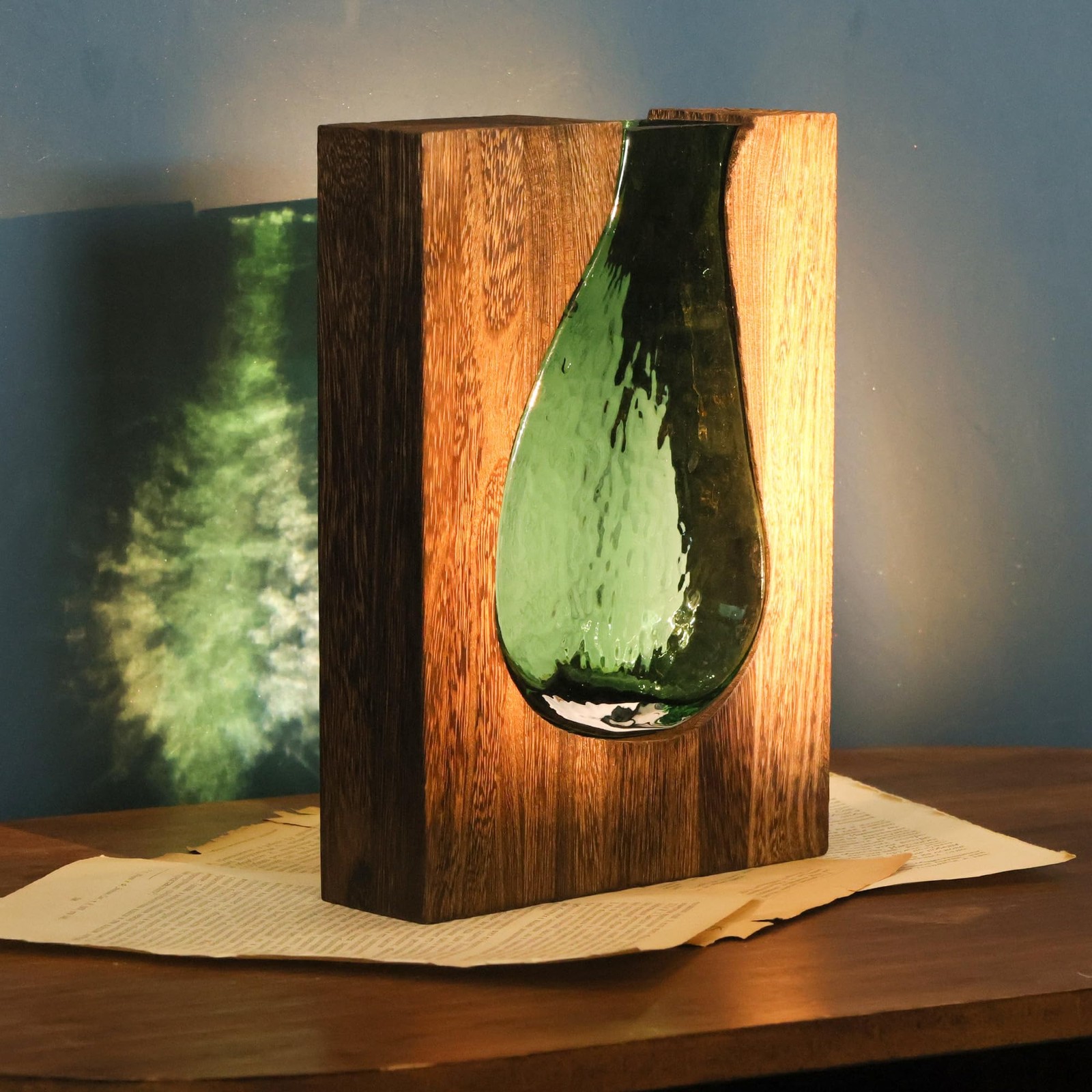 Wood and Glass Inlay Vases Farmhouse Wooden Glass Flower Vase Solid Wood Glas…