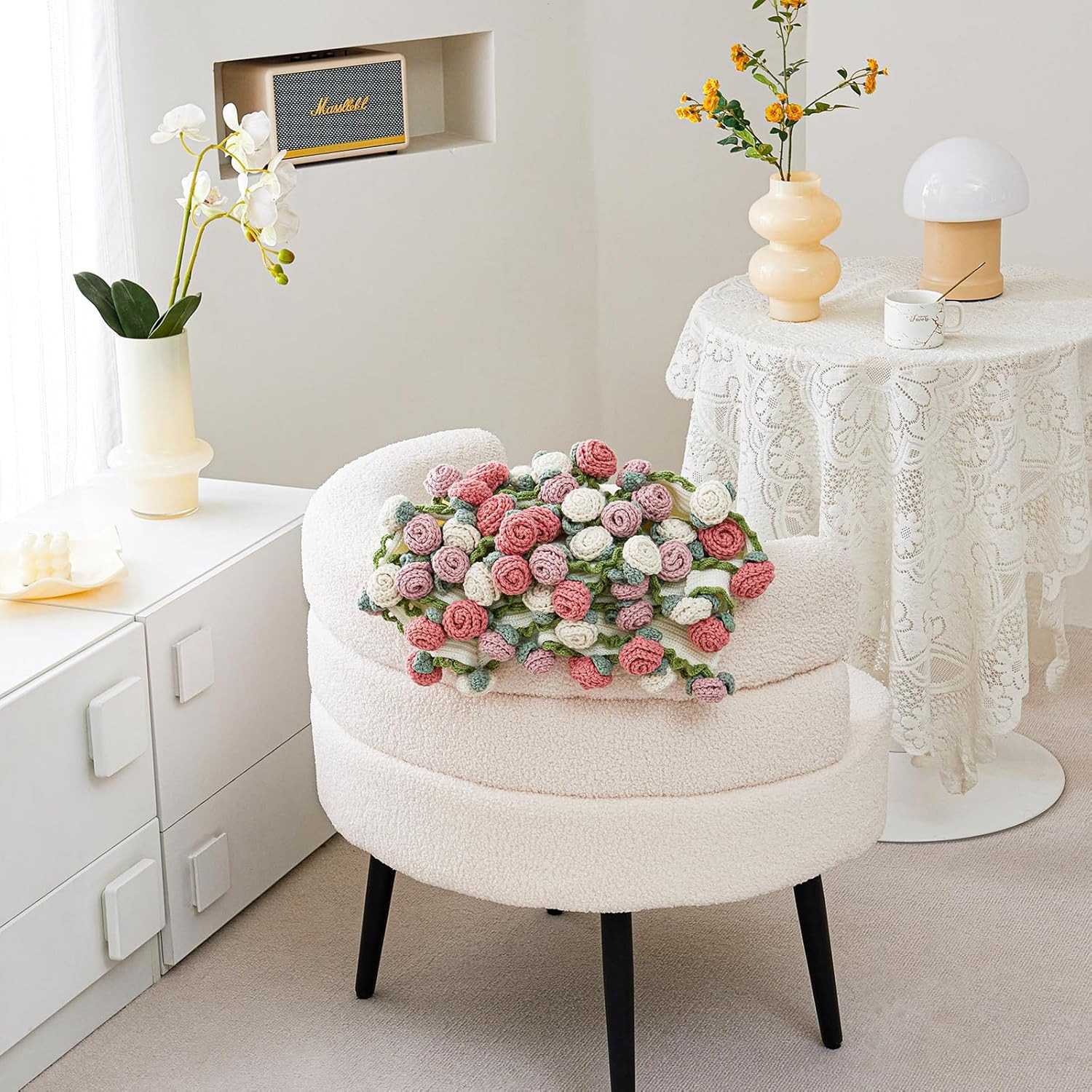 Crochet Flower Bouquet Throw Blanket, Handmade Knitted Blanket with Rose